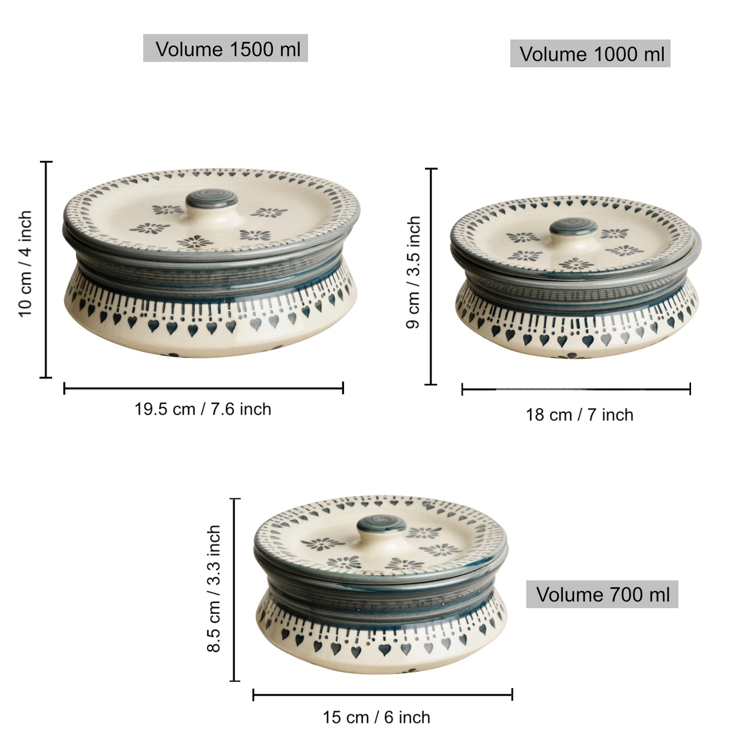 Hand Painted Ceramic Handi with Lid (Set of 3, 1500 ml, 1000 ml and 700 ml, Grey ) - View 2