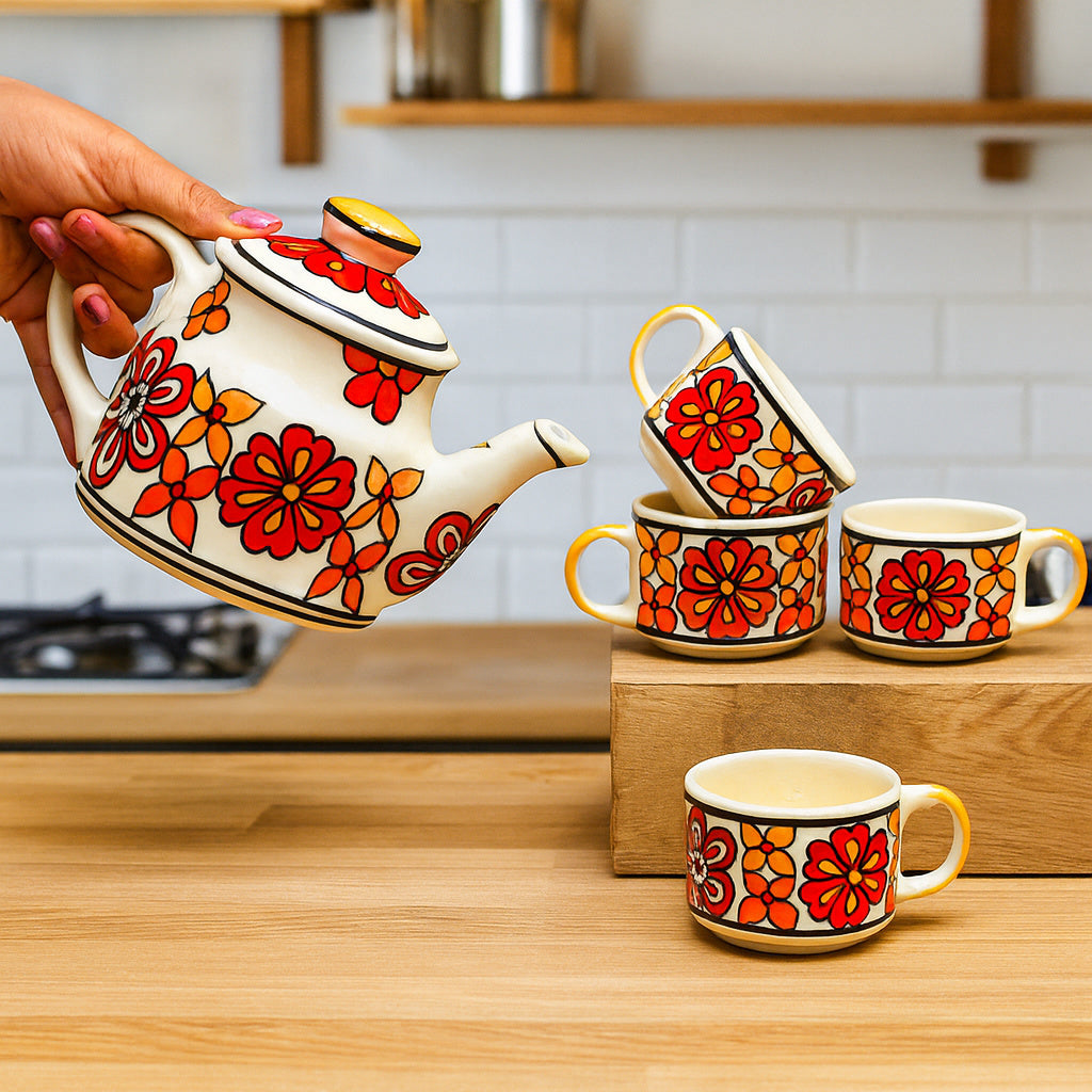 Hand Painted Ceramic Tea Set (1 Kettle , 4 Cups, Red)