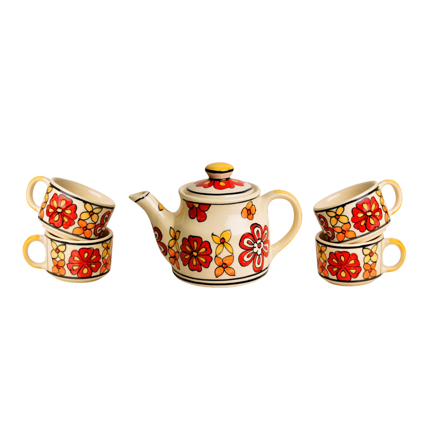 Hand Painted Ceramic Tea Set (1 Kettle , 4 Cups, Red) - View 2