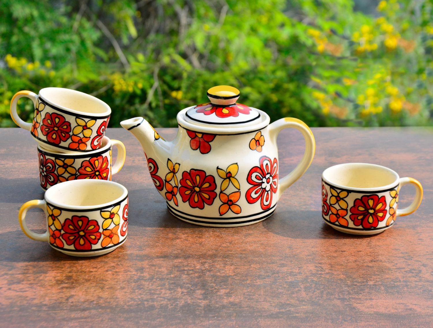 Hand Painted Ceramic Tea Set (1 Kettle , 4 Cups, Red) - View 3
