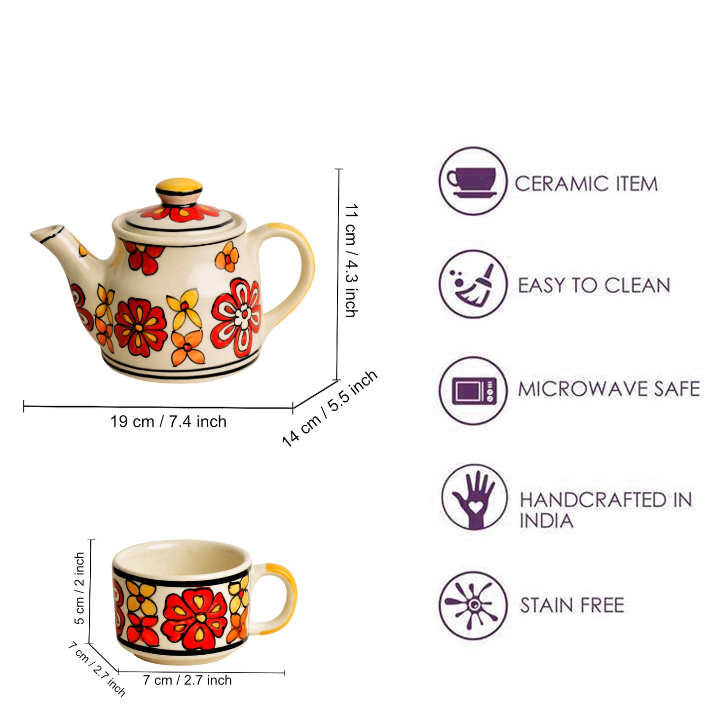 Hand Painted Ceramic Tea Set (1 Kettle , 4 Cups, Red) - View 4