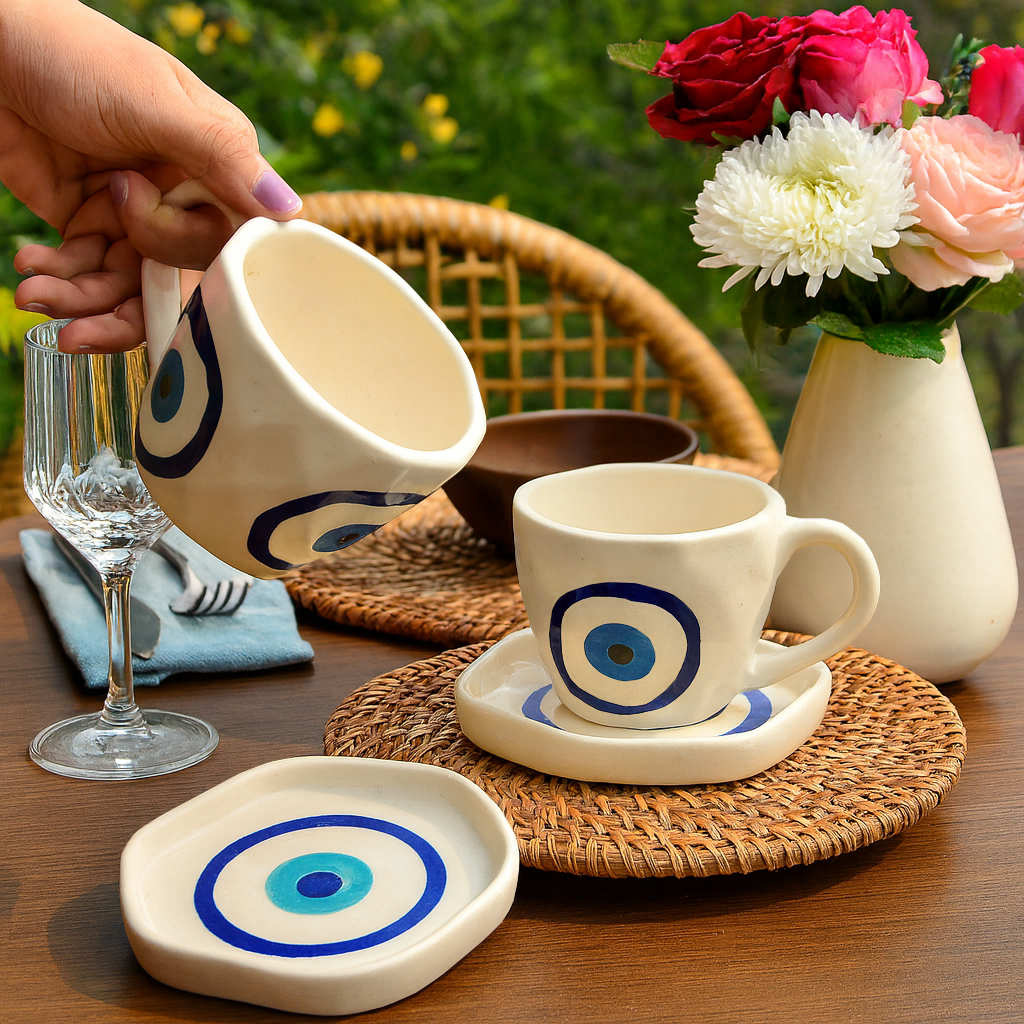 Hand Painted Ceramic Cup and Saucer (Set of 2, Multicolor, 250 ml each)