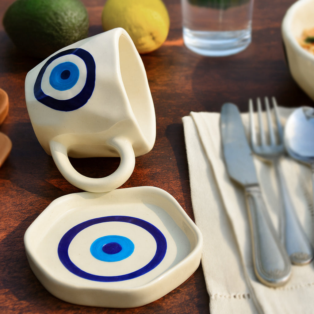 Hand Painted Ceramic Cup and Saucer (Set of 2, Multicolor, 250 ml each) - View 3