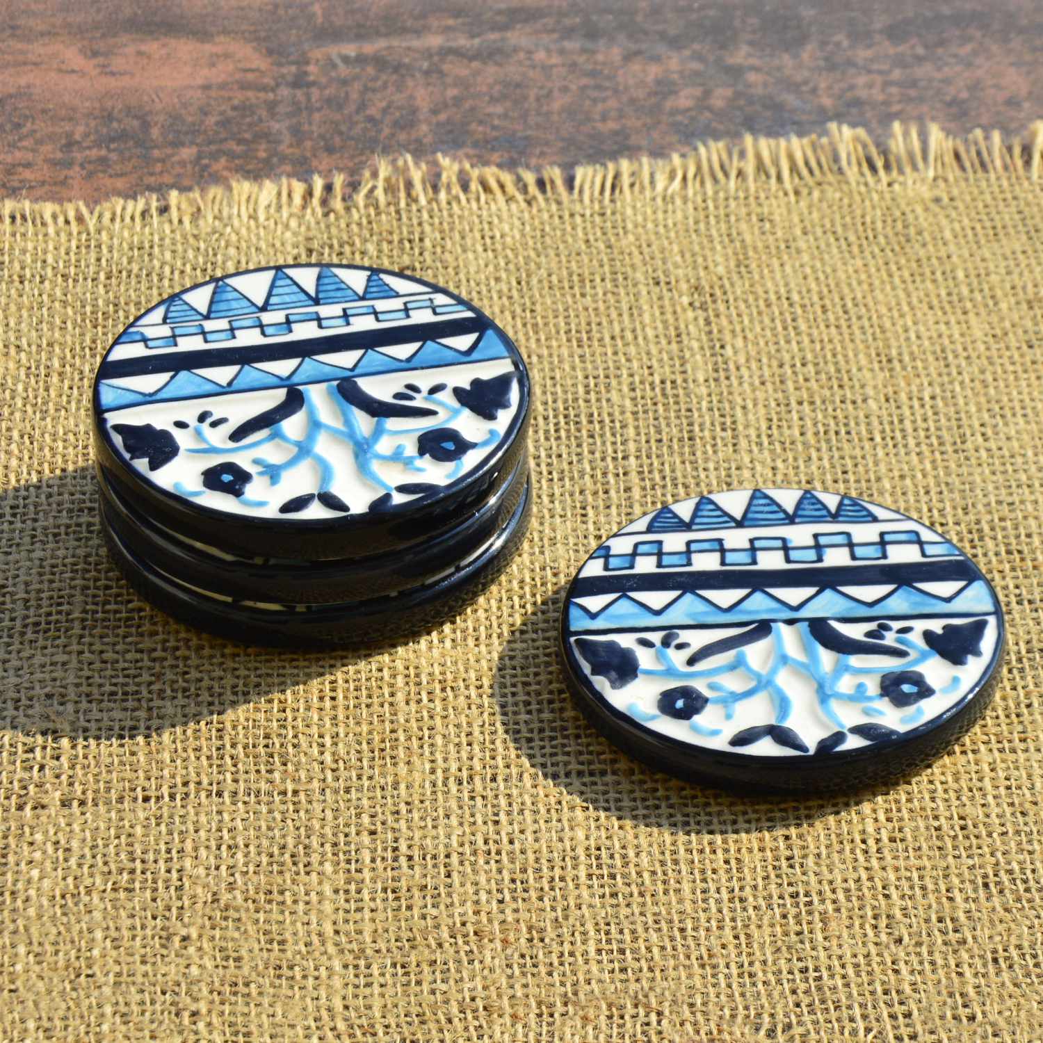Studio Pottery Ceramic Tea and Coffee Coasters (Set of 4 , Blue and Black) - View 2