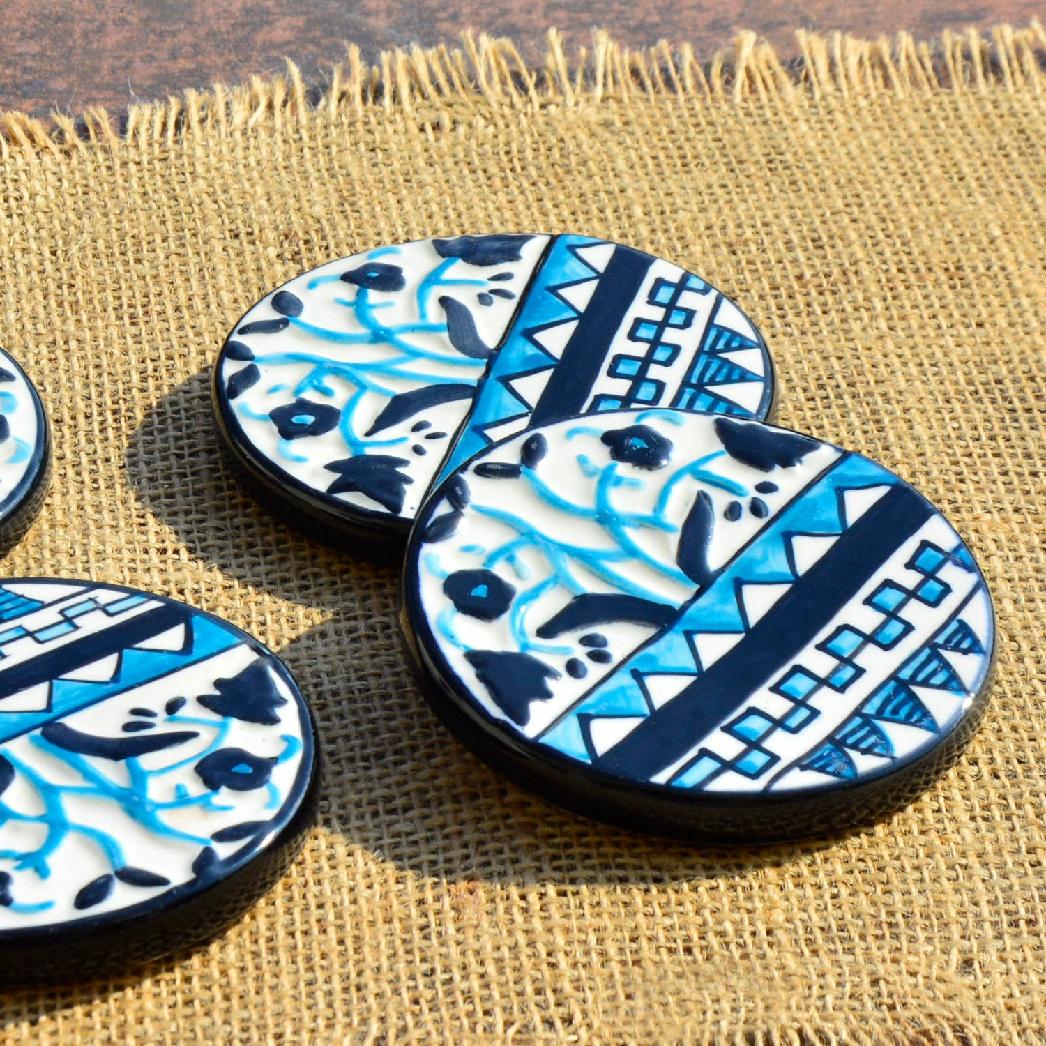 Studio Pottery Ceramic Tea and Coffee Coasters (Set of 4 , Blue and Black) - View 3