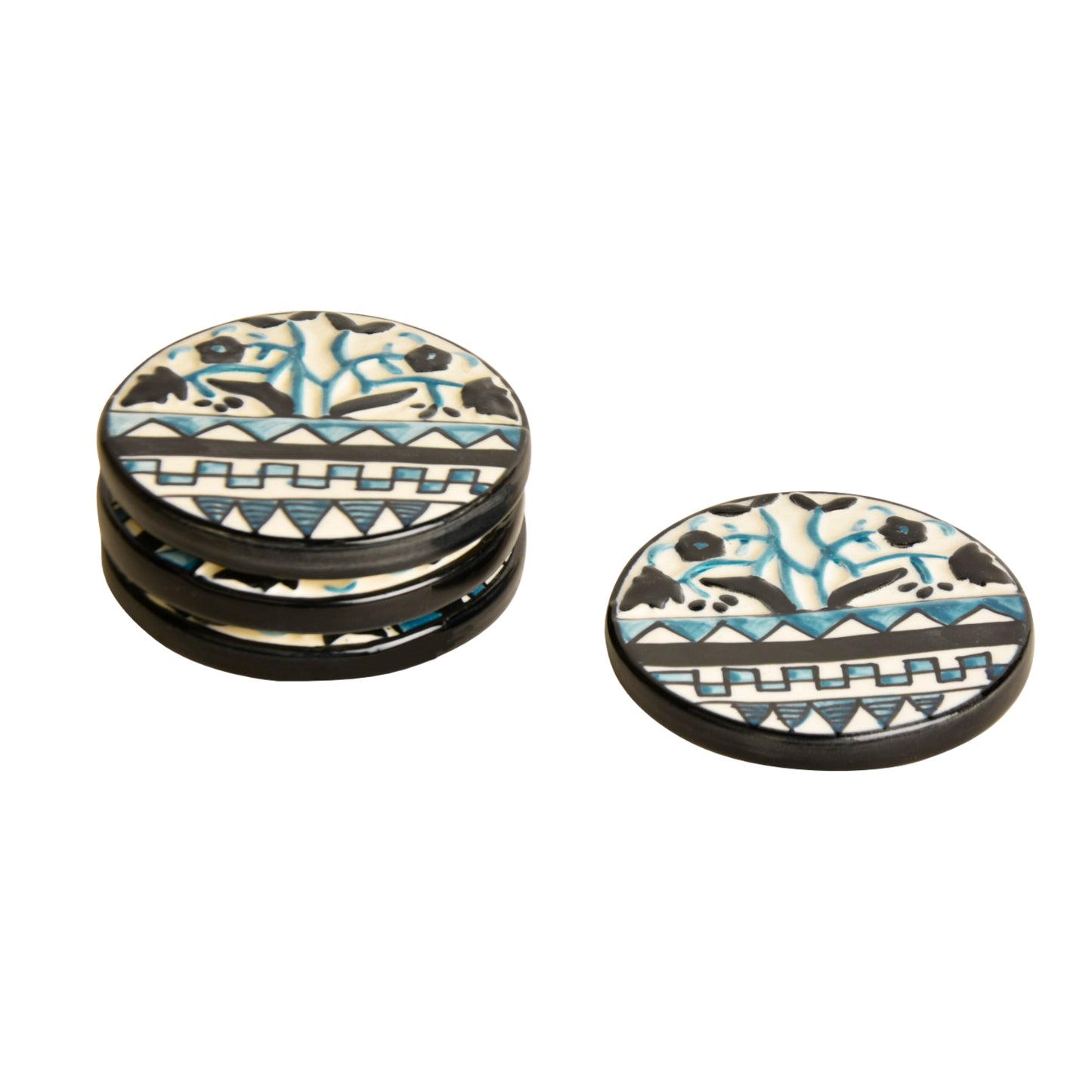 Studio Pottery Ceramic Tea and Coffee Coasters (Set of 4 , Blue and Black) - View 4