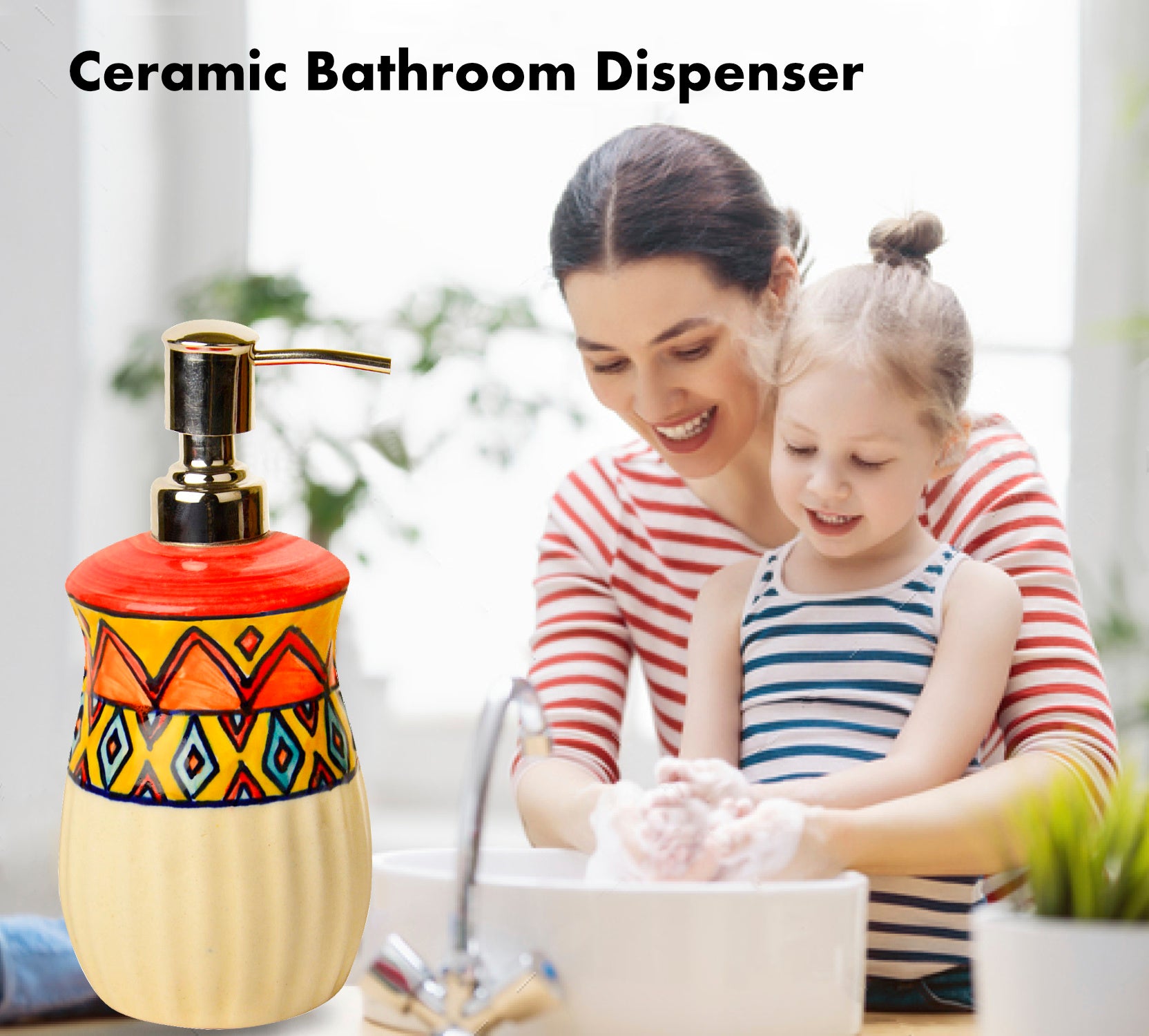 Luxurious Ceramic Hand Painted Liquid Soap Dispenser (Multicolor, L x B x H - 7 x 7 x 18 cm, 400 ml) - View 3