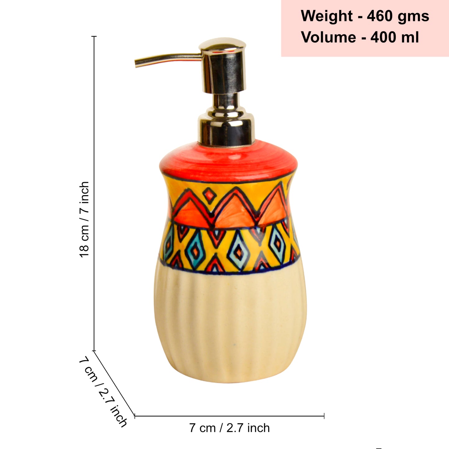 Luxurious Ceramic Hand Painted Liquid Soap Dispenser (Multicolor, L x B x H - 7 x 7 x 18 cm, 400 ml) - View 2