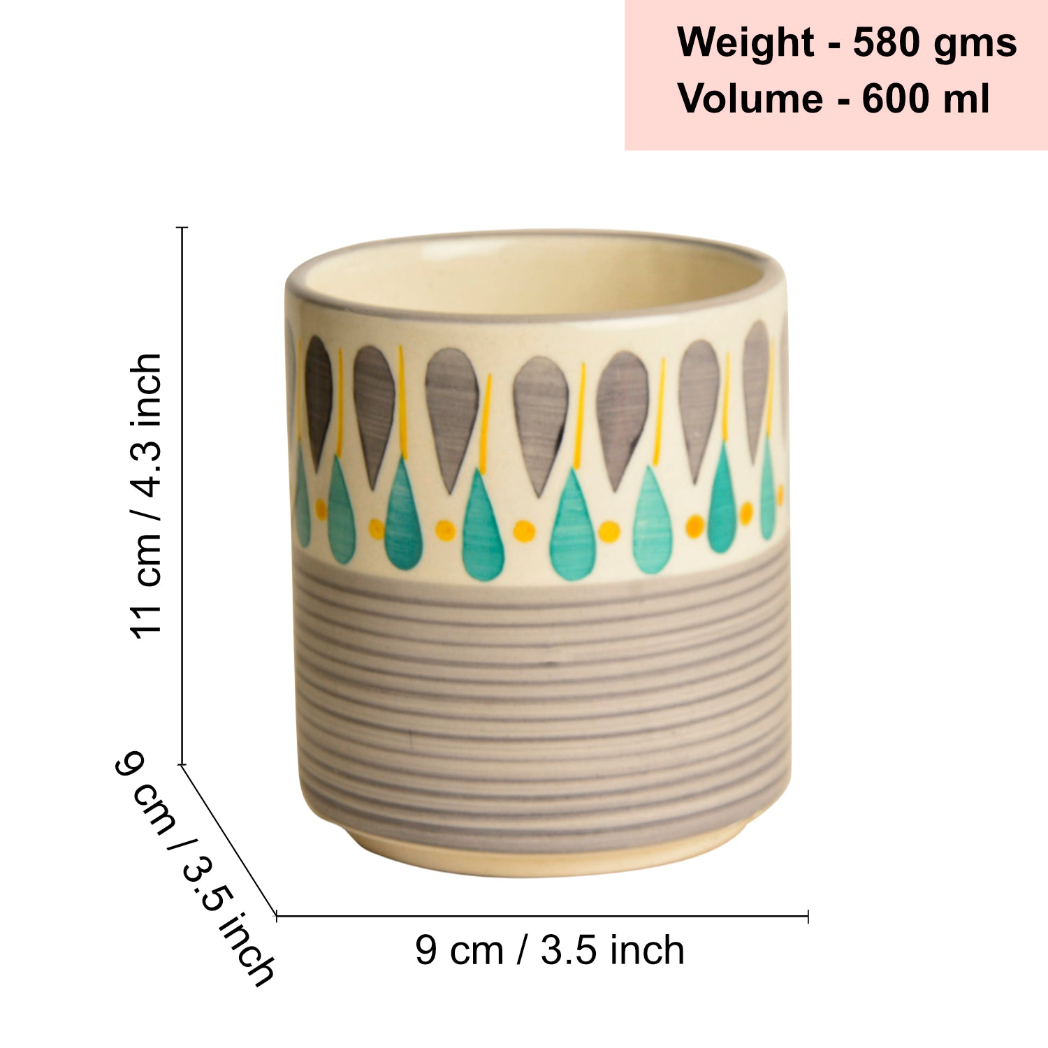 Hand Painted Ceramic Cutlery Stand (Grey, Turquoise Blue, Yellow, L x B x H – 9 x 9 x 11 cm, 600 ml) - View 2