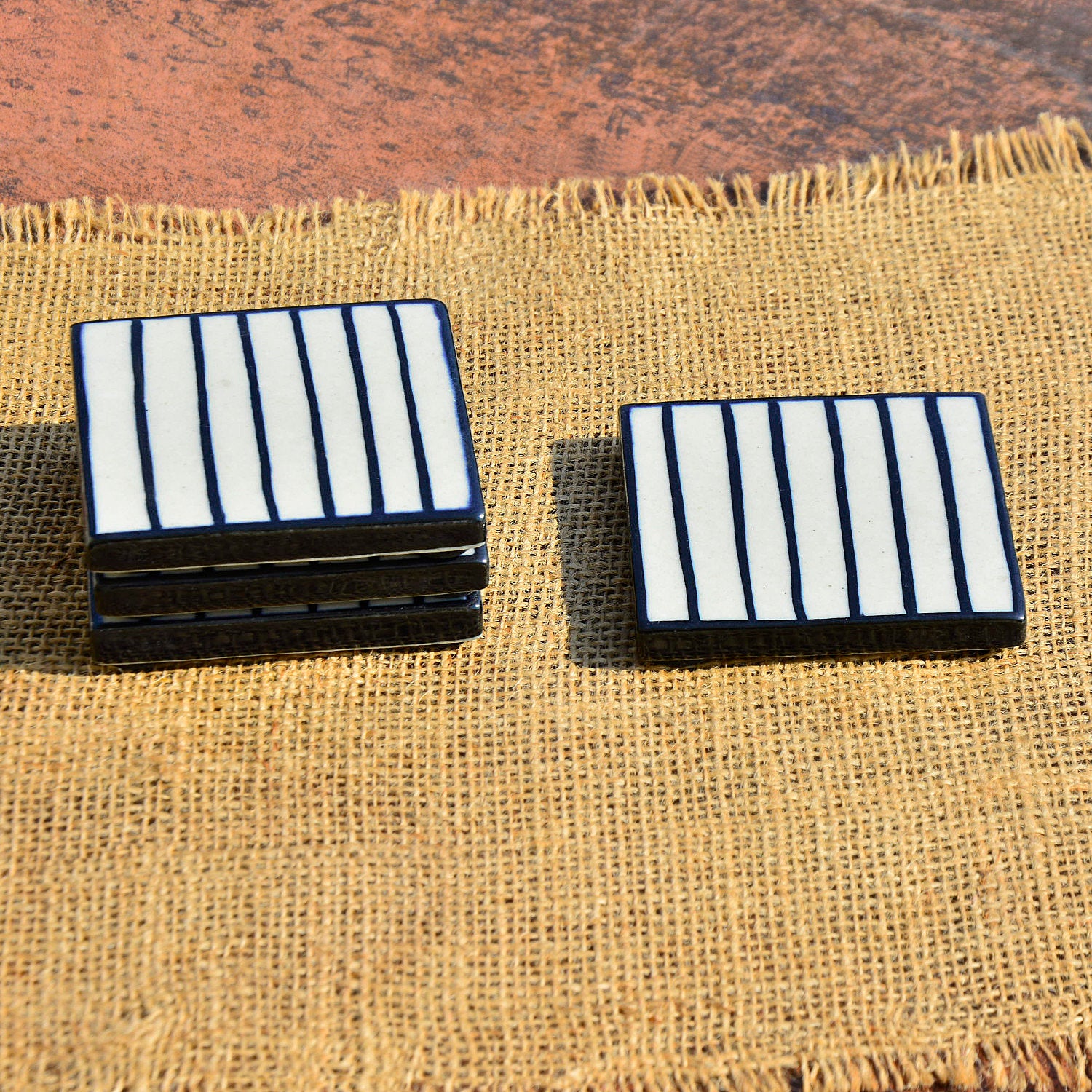 Studio Pottery Ceramic Tea and Coffee Square Coasters (Set of 4 , White and Black) - View 3