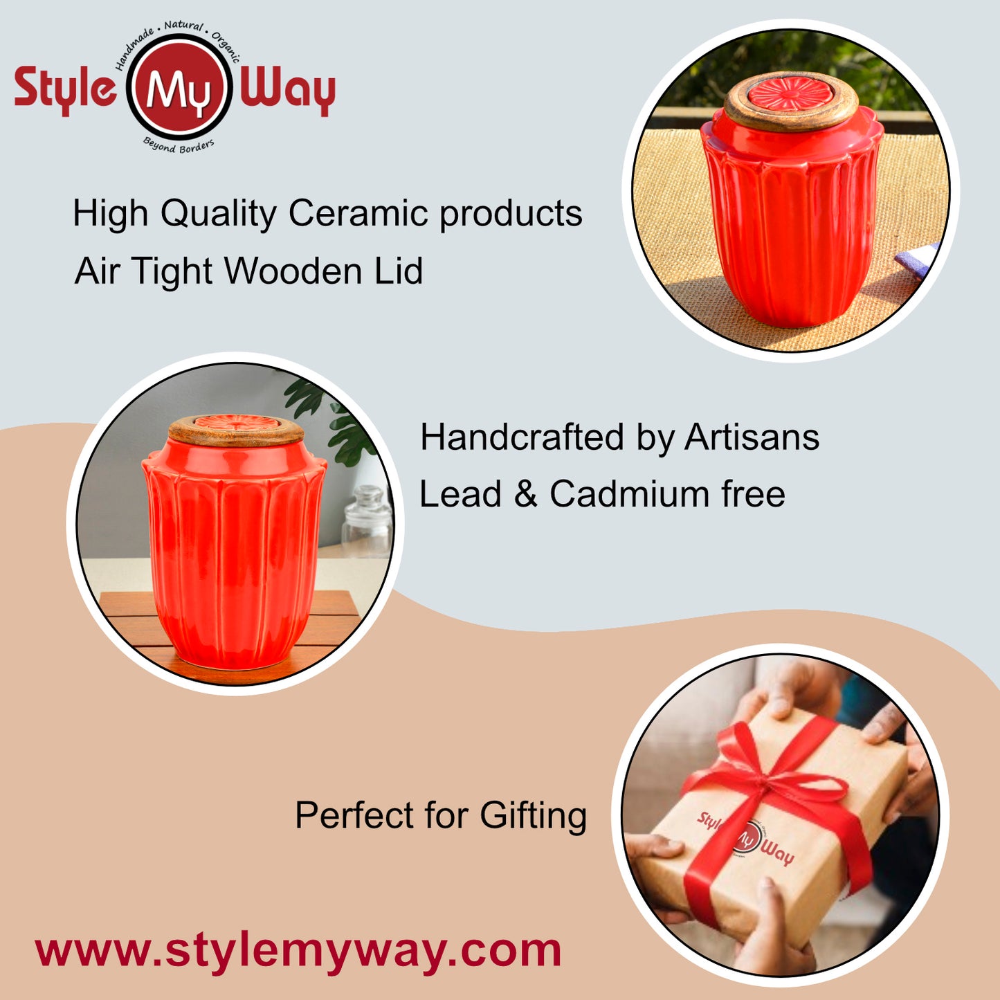 Hand Glazed Multi Utility Storage Airtight Ceramic Jar with Wooden Lid (1000 ml, Peach) - View 6