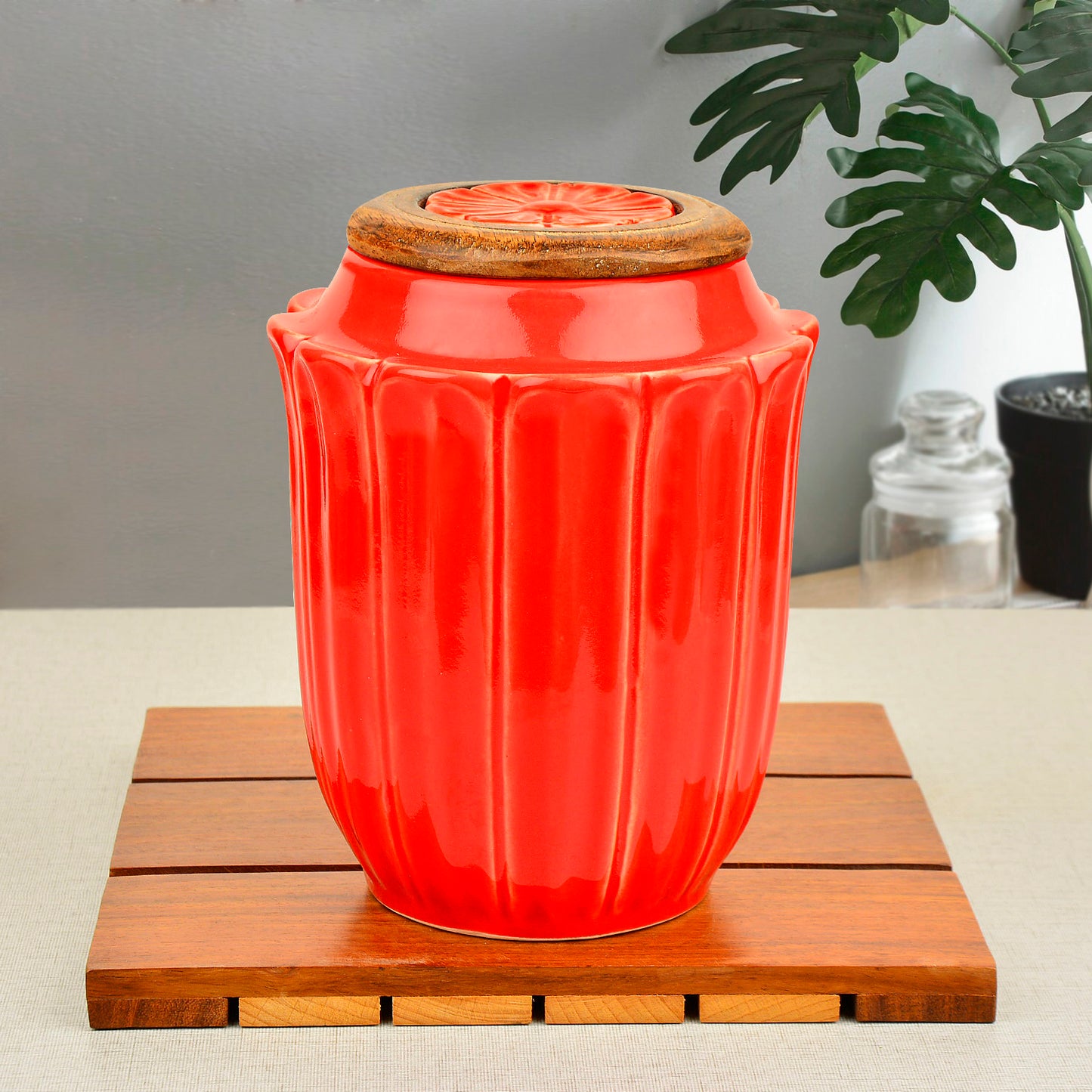 Hand Glazed Multi Utility Storage Airtight Ceramic Jar with Wooden Lid (1000 ml, Peach) - View 4