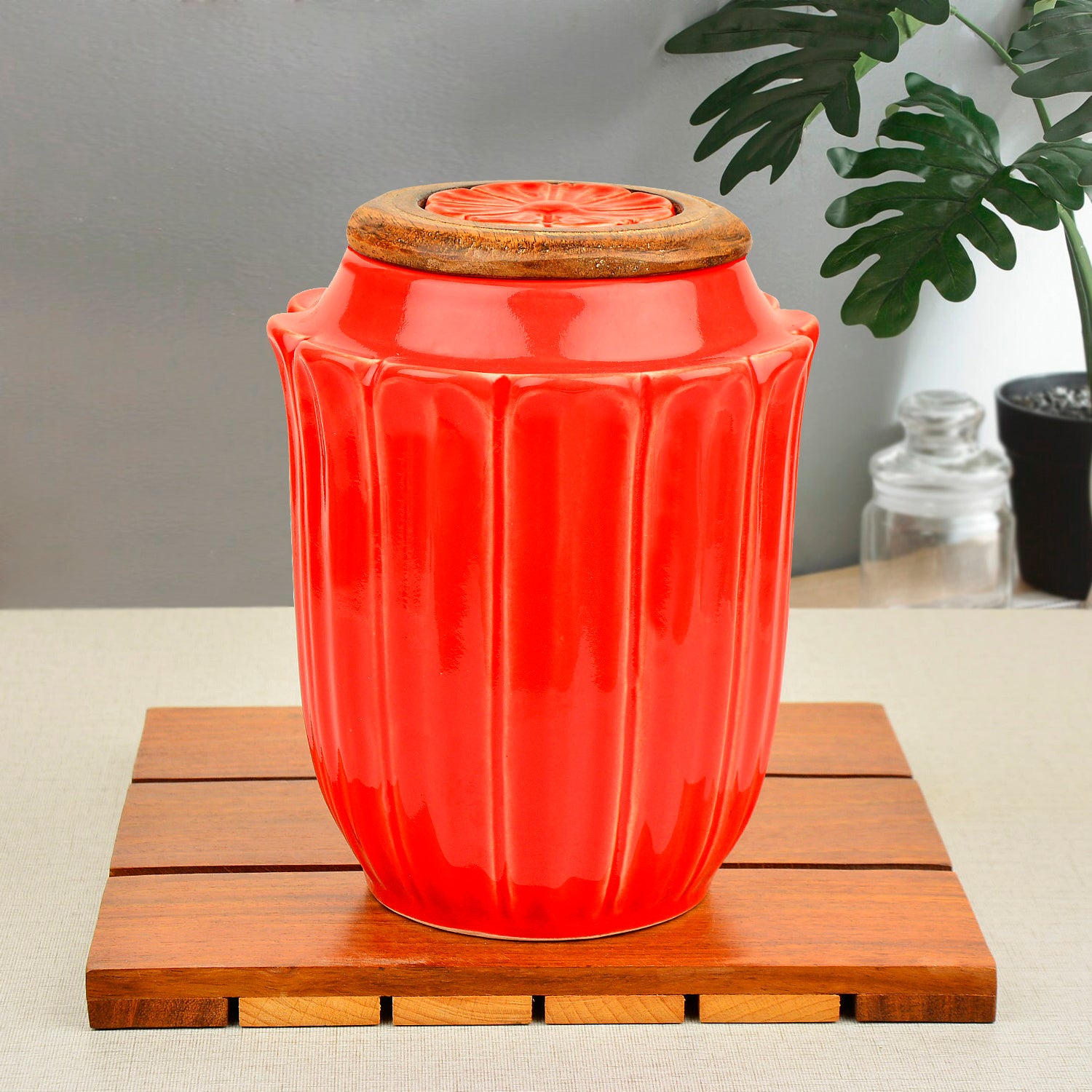 Hand Glazed Multi Utility Storage Airtight Ceramic Jar with Wooden Lid (1000 ml, Peach) - View 4