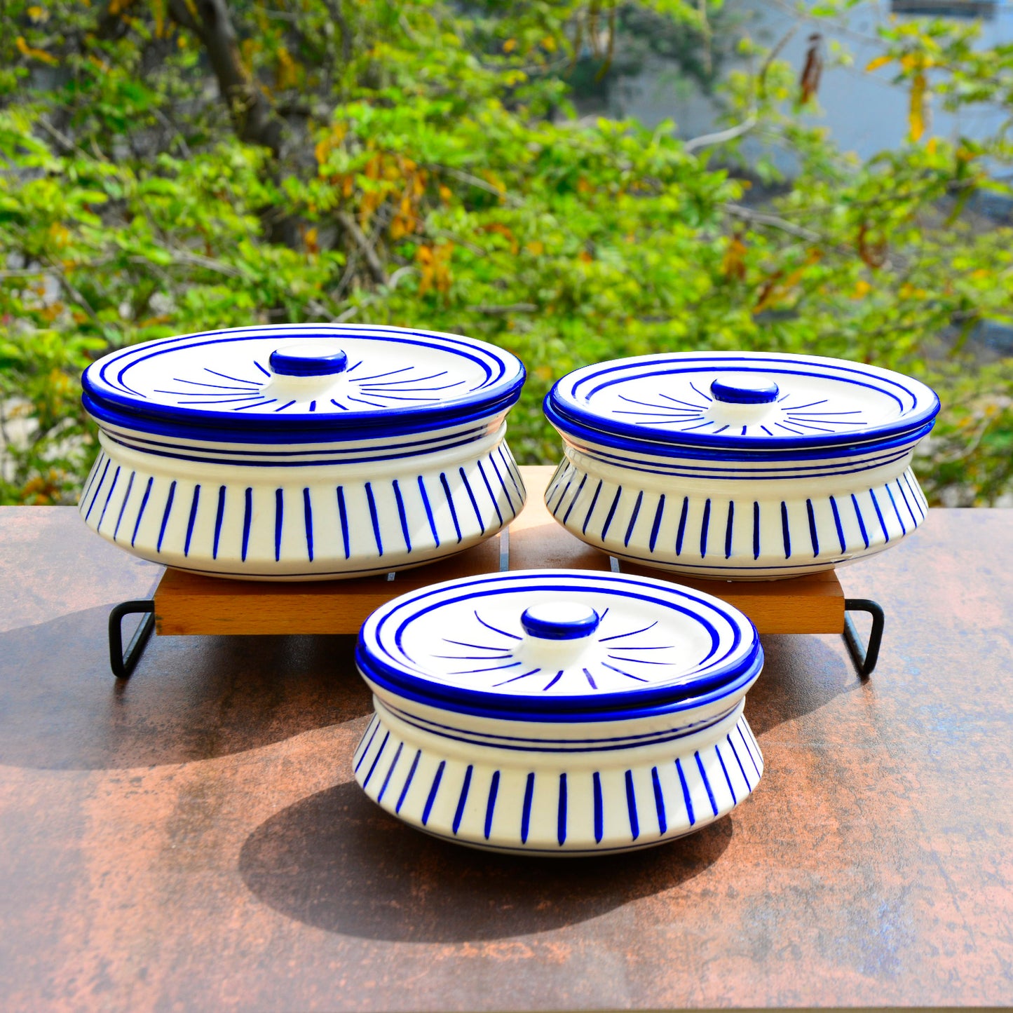 Hand Painted Ceramic Handi with Lid (Set of 3, 1500 ml, 1000 ml and 700 ml, White & Blue )