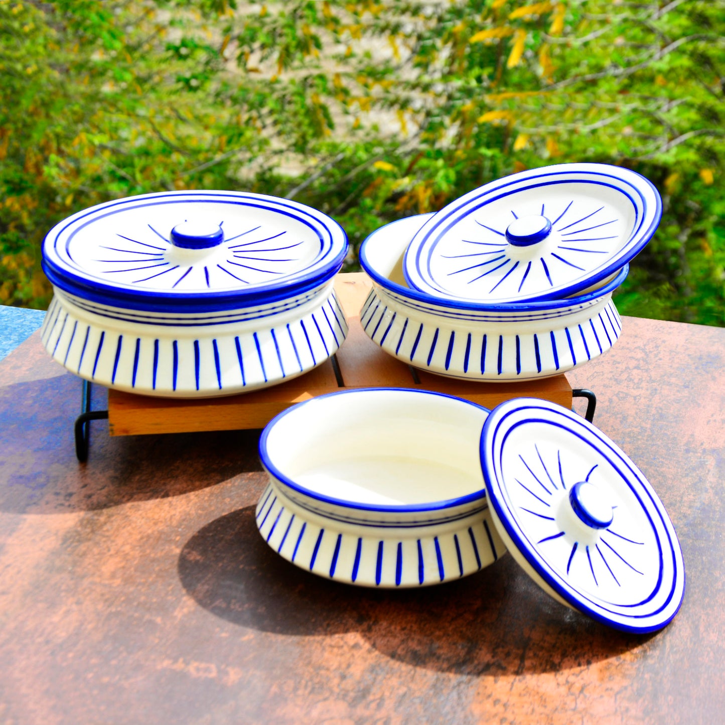 Hand Painted Ceramic Handi with Lid (Set of 3, 1500 ml, 1000 ml and 700 ml, White & Blue ) - View 3