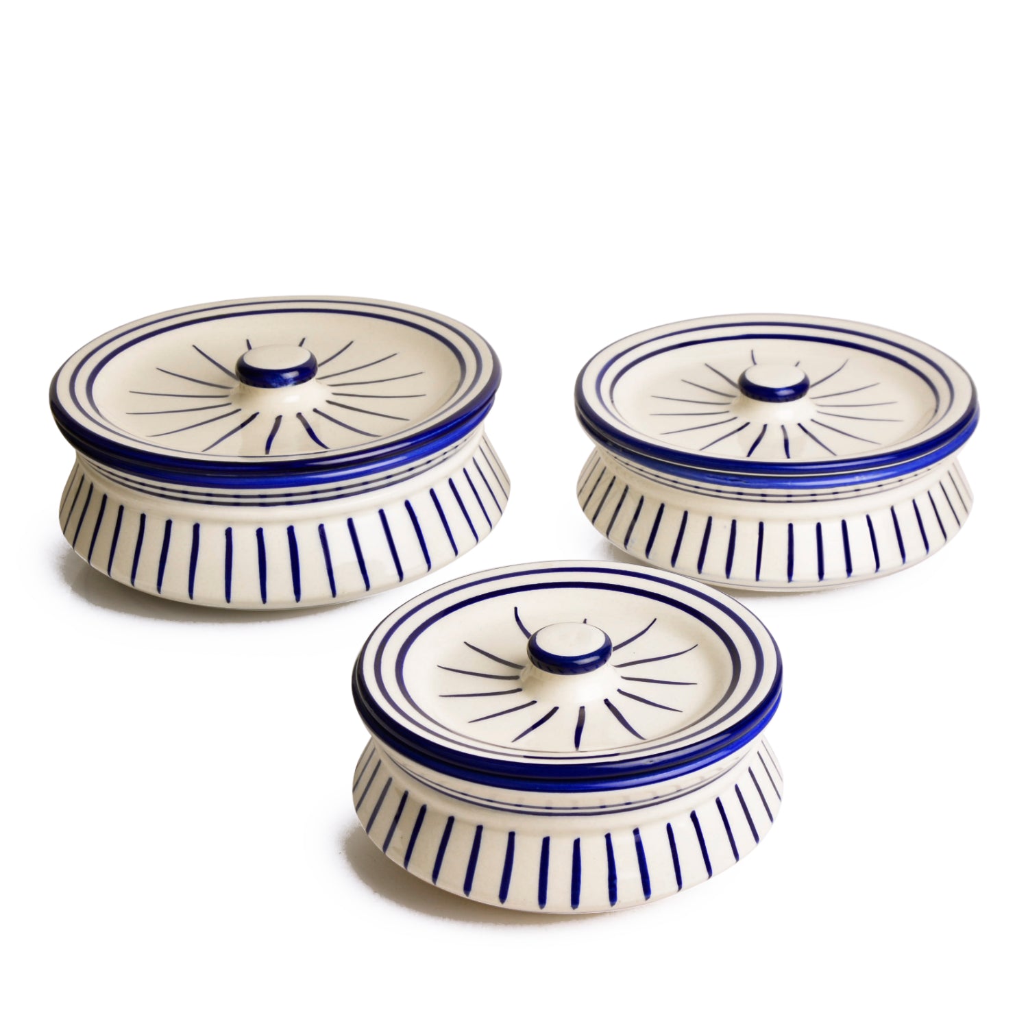 Hand Painted Ceramic Handi with Lid (Set of 3, 1500 ml, 1000 ml and 700 ml, White & Blue ) - View 5