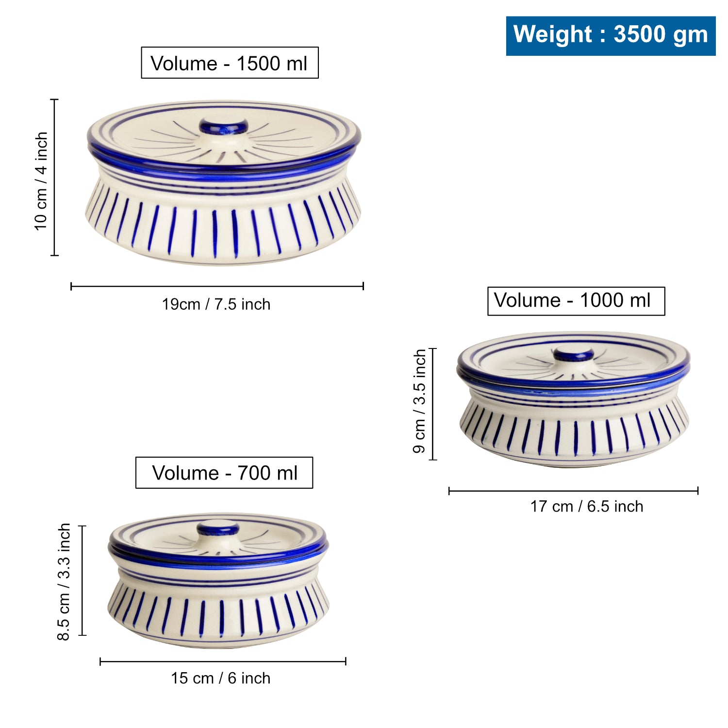 Hand Painted Ceramic Handi with Lid (Set of 3, 1500 ml, 1000 ml and 700 ml, White & Blue ) - View 2