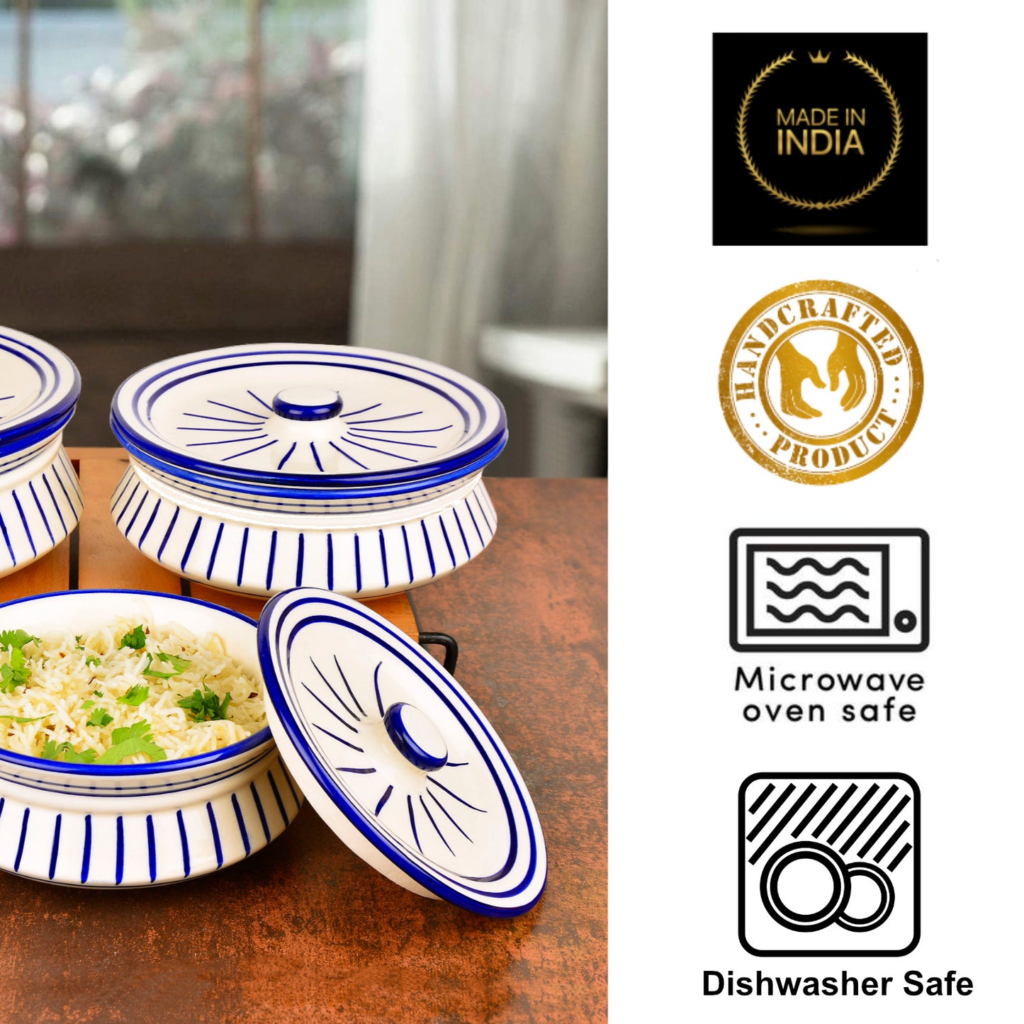 Hand Painted Ceramic Handi with Lid (Set of 3, 1500 ml, 1000 ml and 700 ml, White & Blue ) - View 6