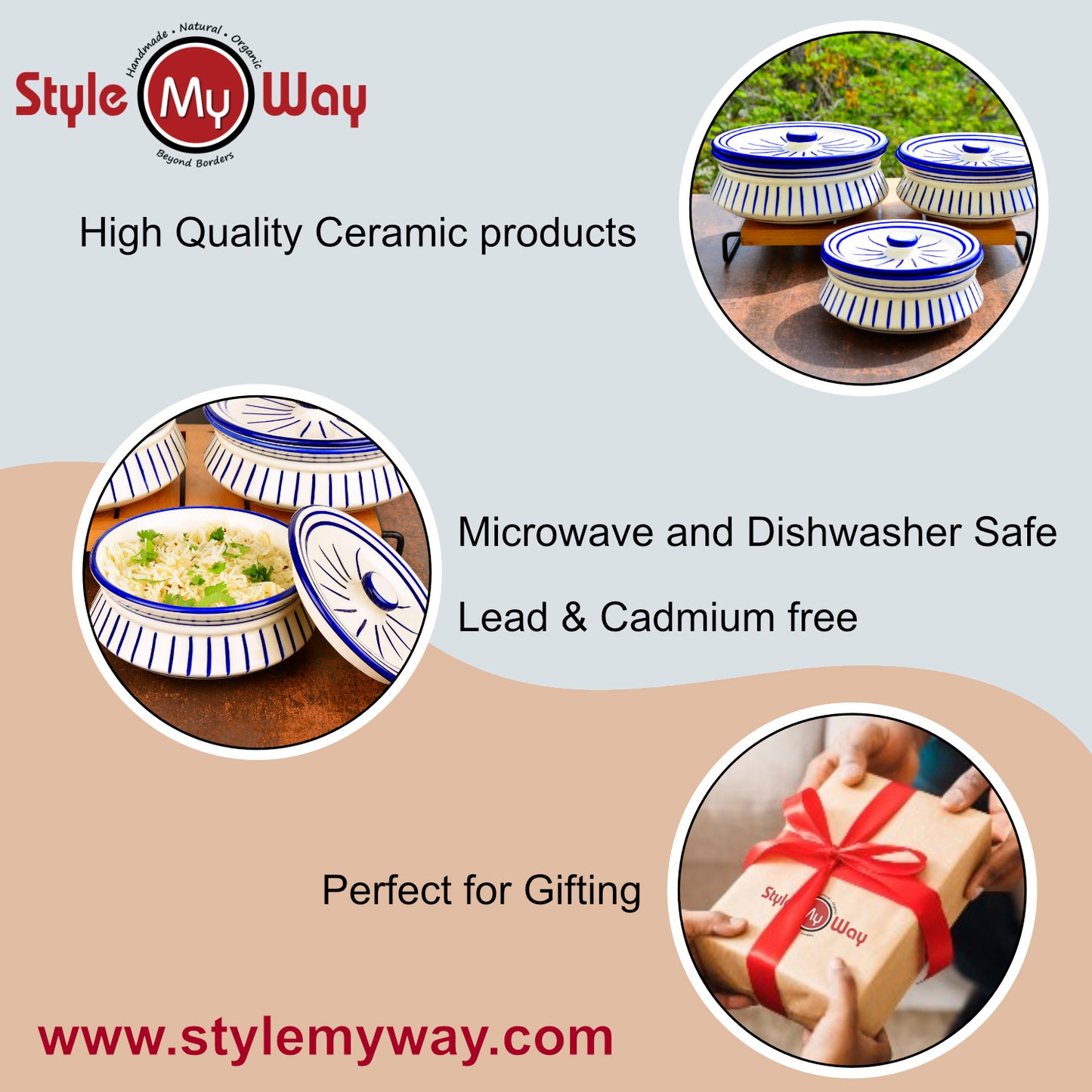 Hand Painted Ceramic Handi with Lid (Set of 3, 1500 ml, 1000 ml and 700 ml, White & Blue ) - View 7