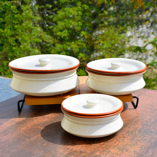 Hand Crafted Ceramic Handi with Lid (Set of 3, 1500 ml, 1000 ml and 700 ml, Off White )