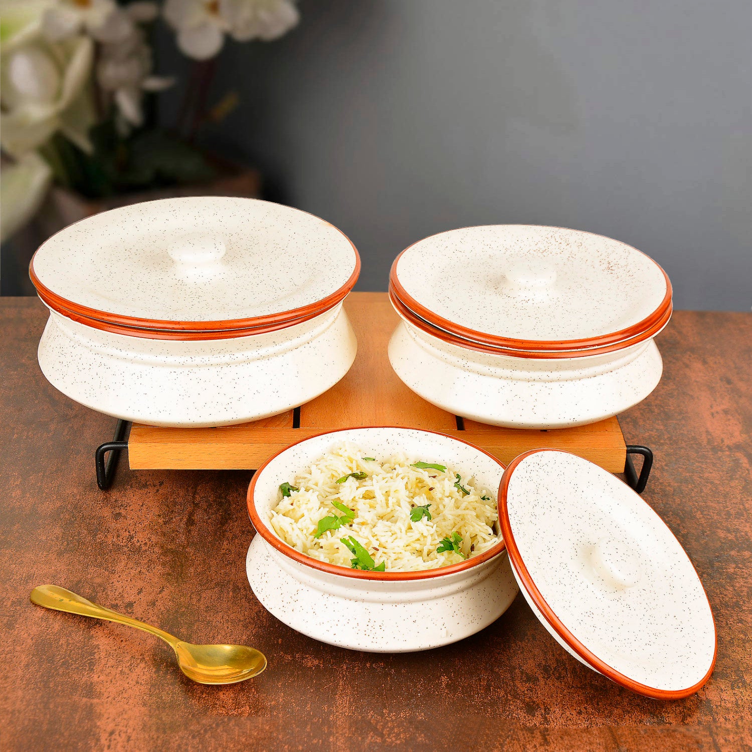 Hand Crafted Ceramic Handi with Lid (Set of 3, 1500 ml, 1000 ml and 700 ml, Off White ) - View 4
