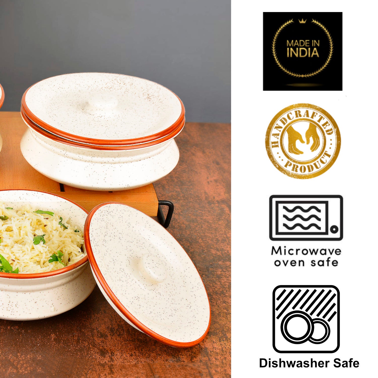 Hand Crafted Ceramic Handi with Lid (Set of 3, 1500 ml, 1000 ml and 700 ml, Off White ) - View 6