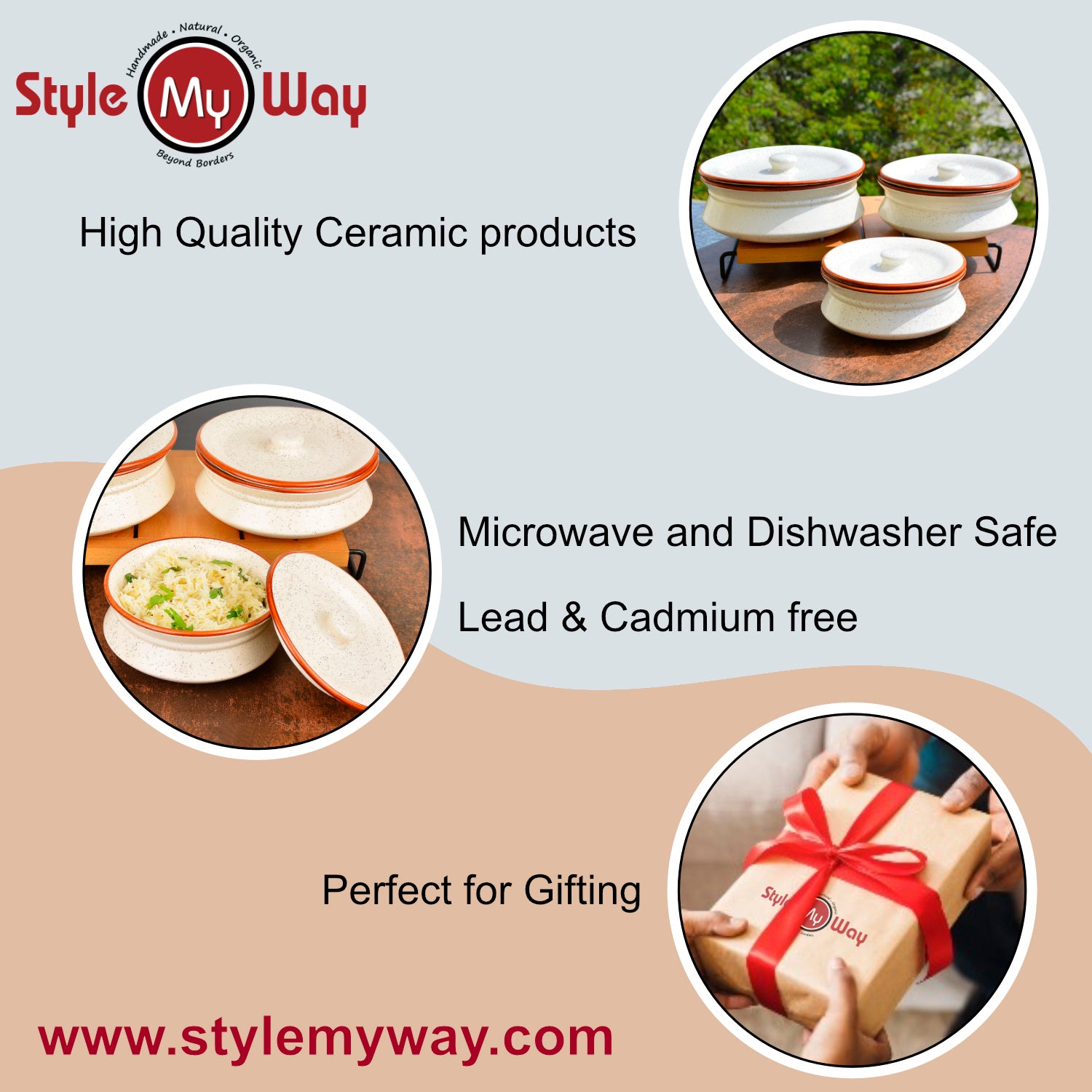 Hand Crafted Ceramic Handi with Lid (Set of 3, 1500 ml, 1000 ml and 700 ml, Off White ) - View 7
