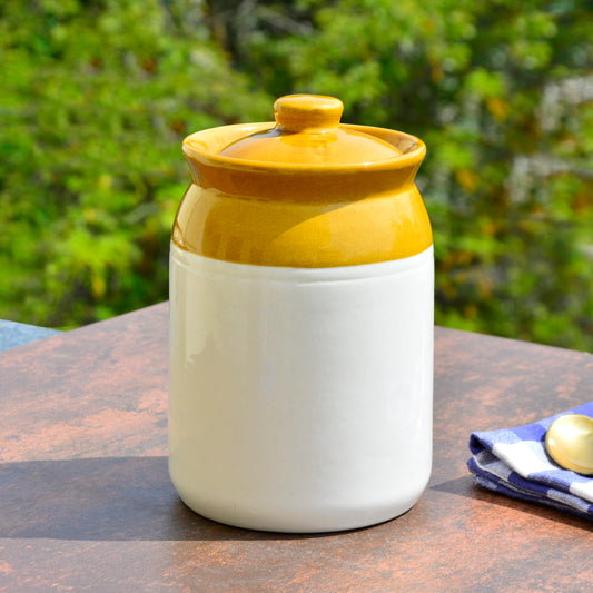 Hand Glazed Dual Tone Ceramic Jar with Lid (1400 ml, Sand Yellow, Off White)