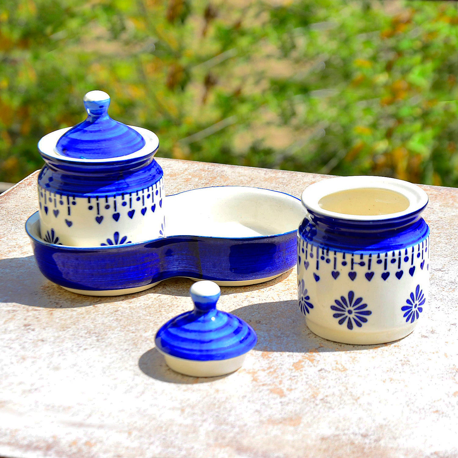 Hand Painted Ceramic Pickle Jar Set with Tray (Set of 2, Blue and White, 250 ml each) - View 3