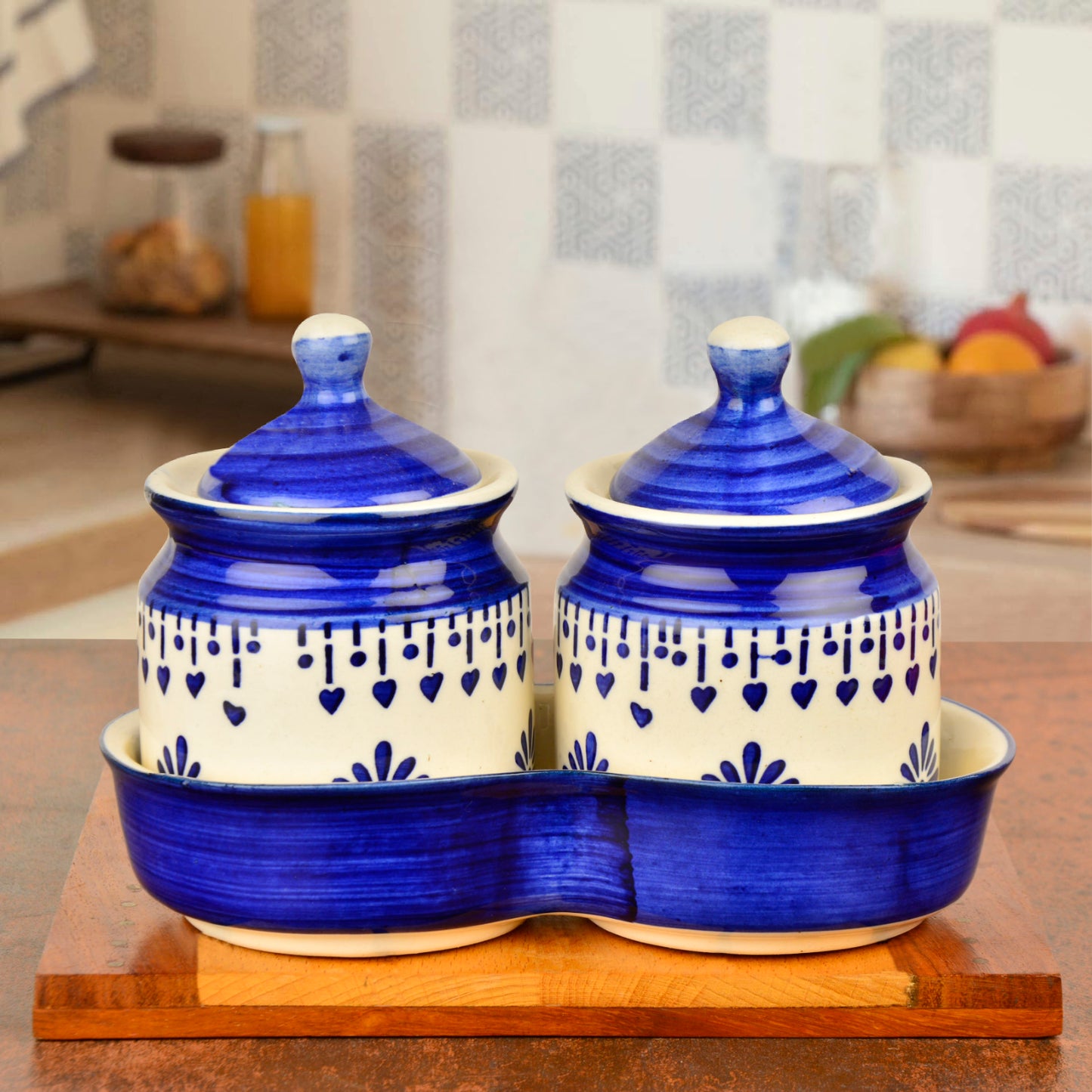 Hand Painted Ceramic Pickle Jar Set with Tray (Set of 2, Blue and White, 250 ml each) - View 4