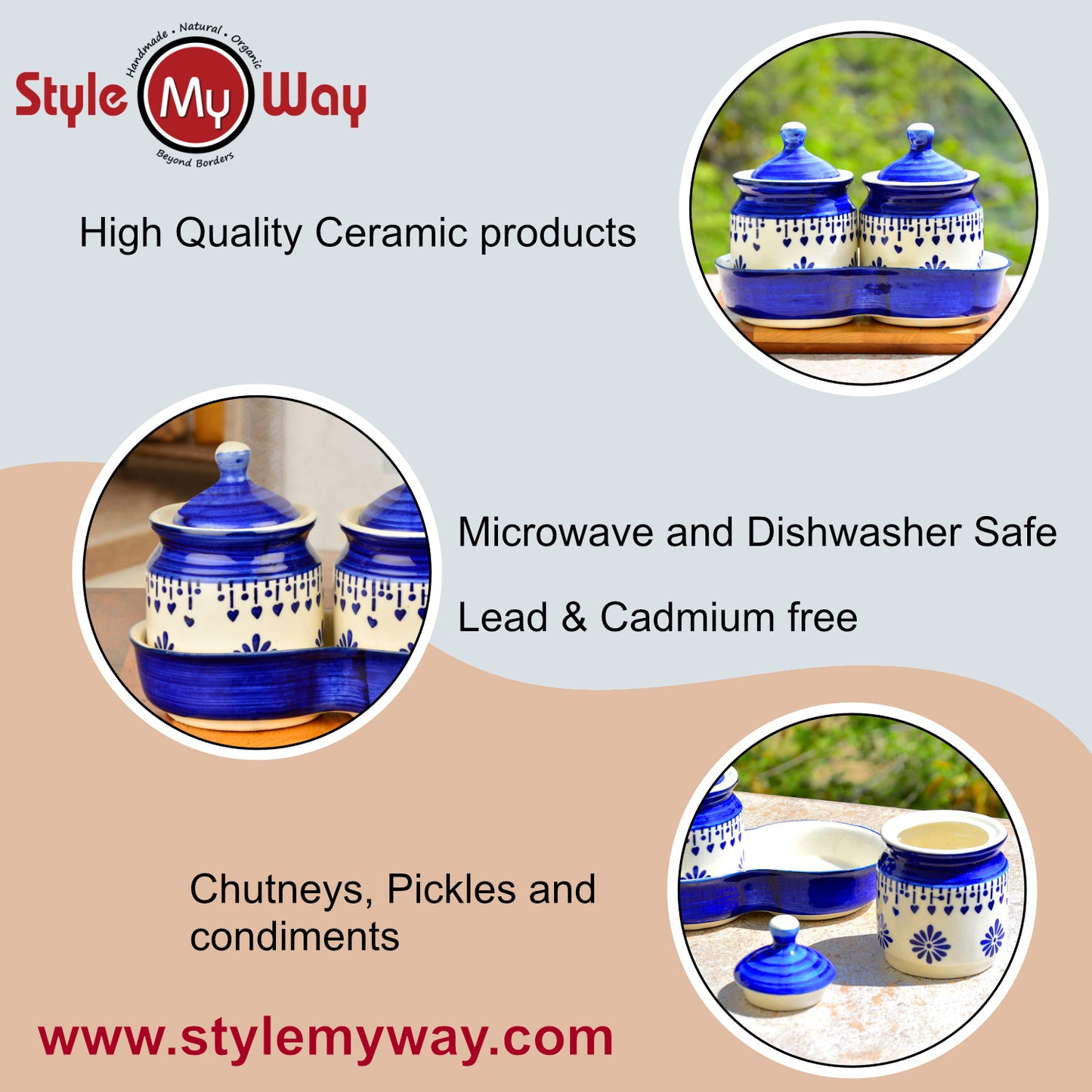 Hand Painted Ceramic Pickle Jar Set with Tray (Set of 2, Blue and White, 250 ml each) - View 5