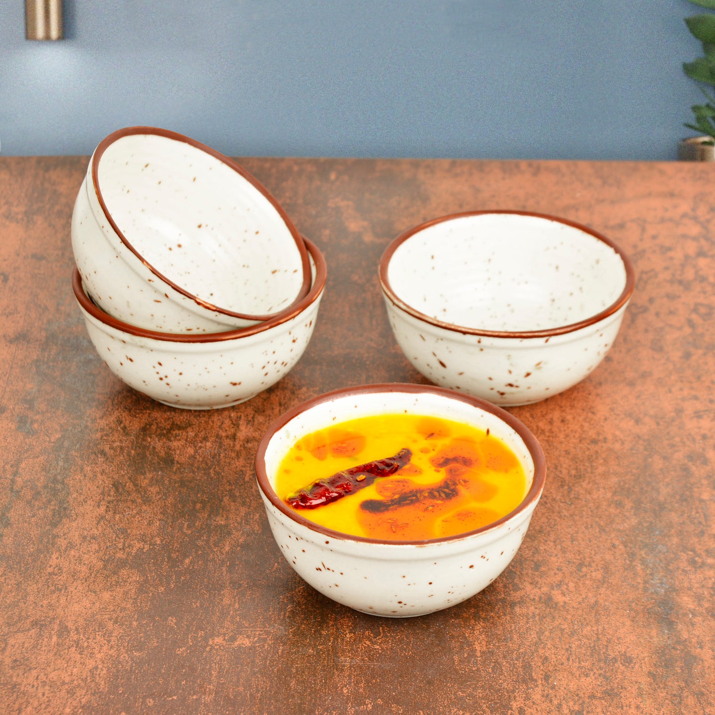 Premium Matte Finish with Brown Rim Ceramic Dinner Bowls (Set of 4, 200 ml, Off White) - View 3