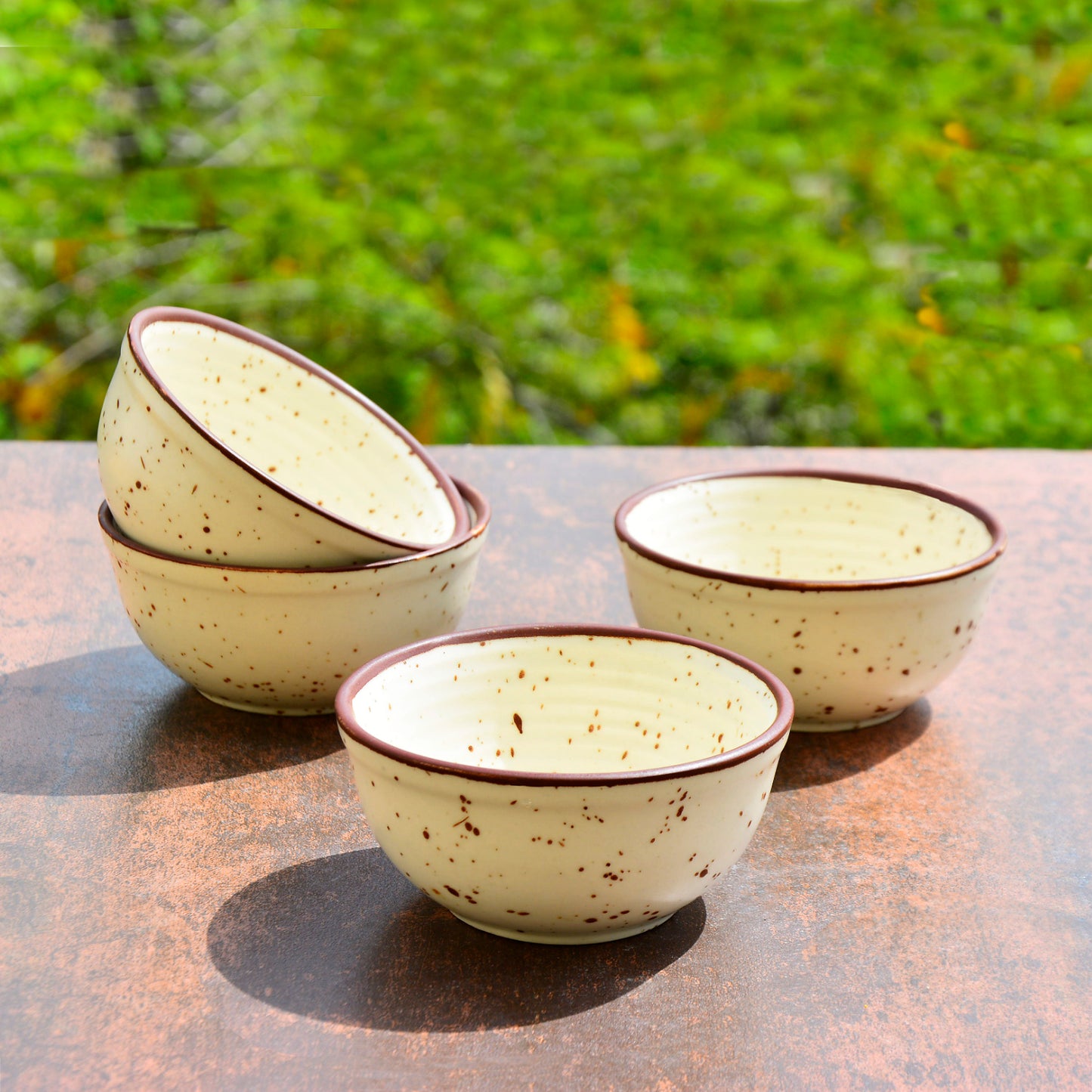 Premium Matte Finish with Brown Rim Ceramic Dinner Bowls (Set of 4, 200 ml, Off White) - View 4