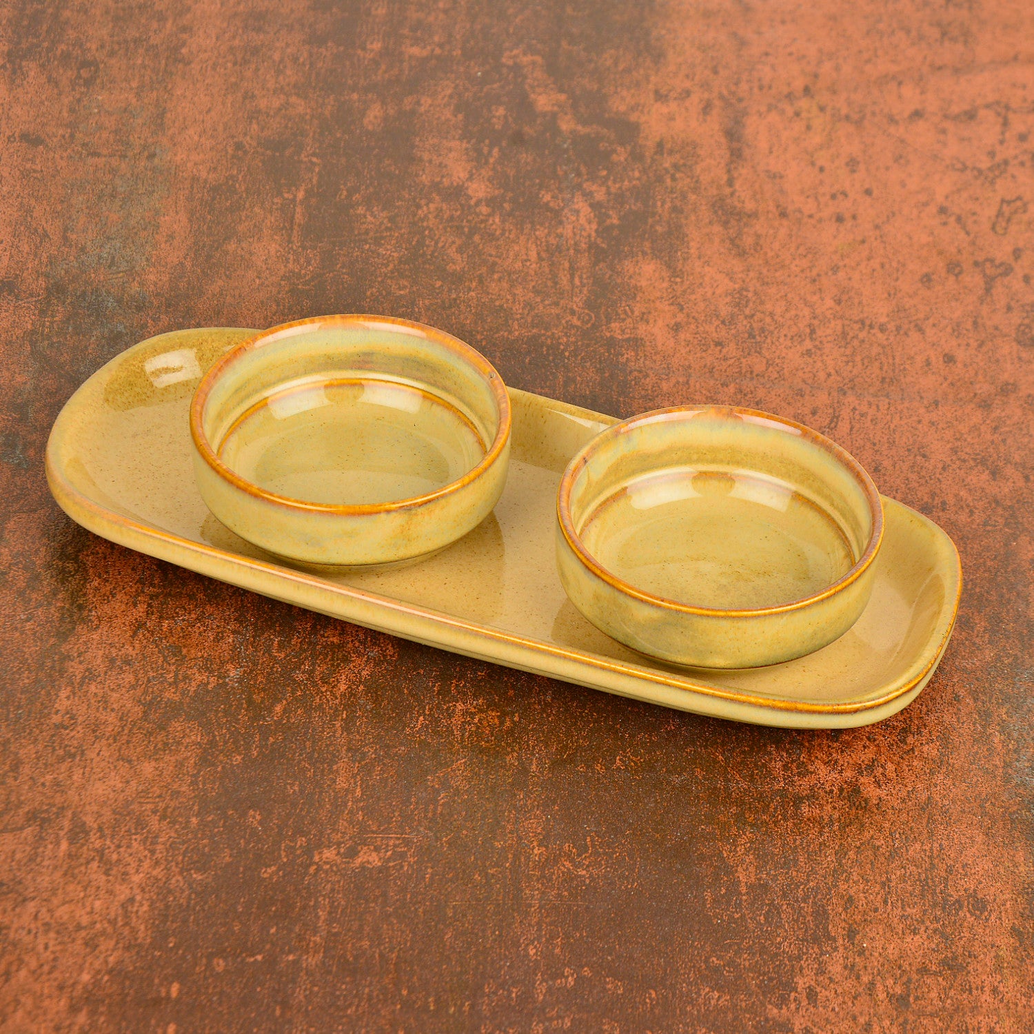 Beautiful Reflective Glaze Ceramic Dip Bowls Set with Tray (Set of 2, Beige) - View 3