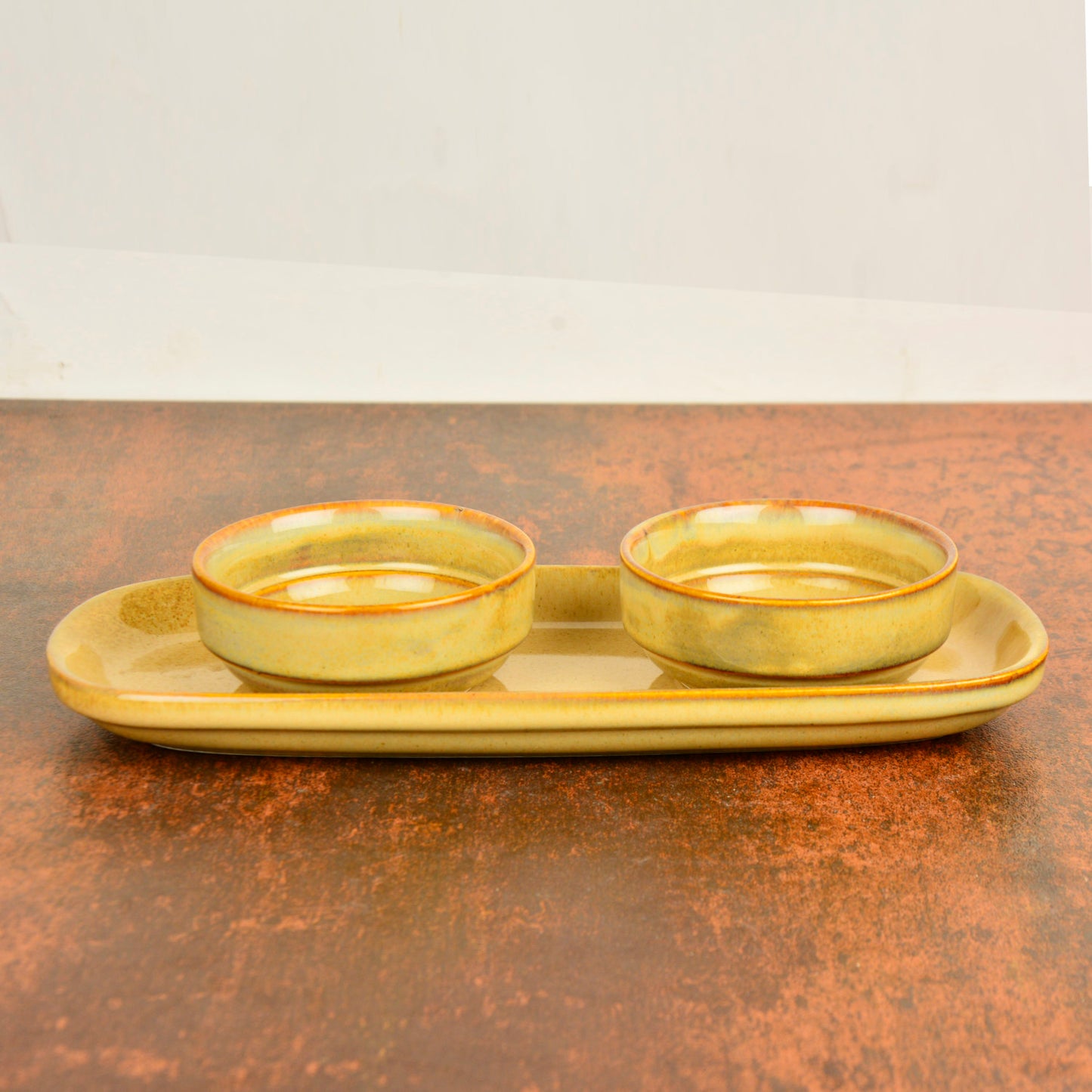 Beautiful Reflective Glaze Ceramic Dip Bowls Set with Tray (Set of 2, Beige) - View 4