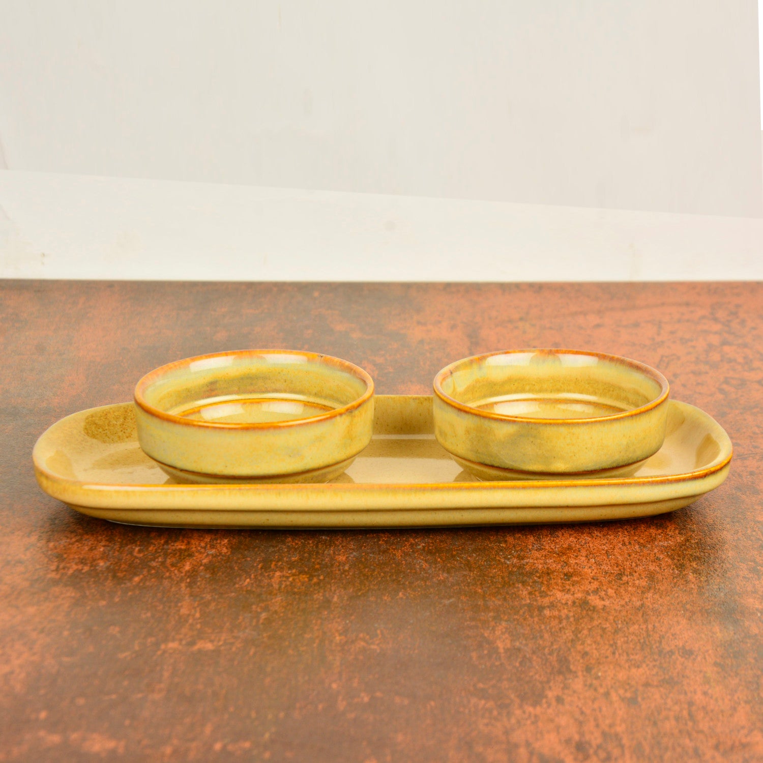 Beautiful Reflective Glaze Ceramic Dip Bowls Set with Tray (Set of 2, Beige) - View 4