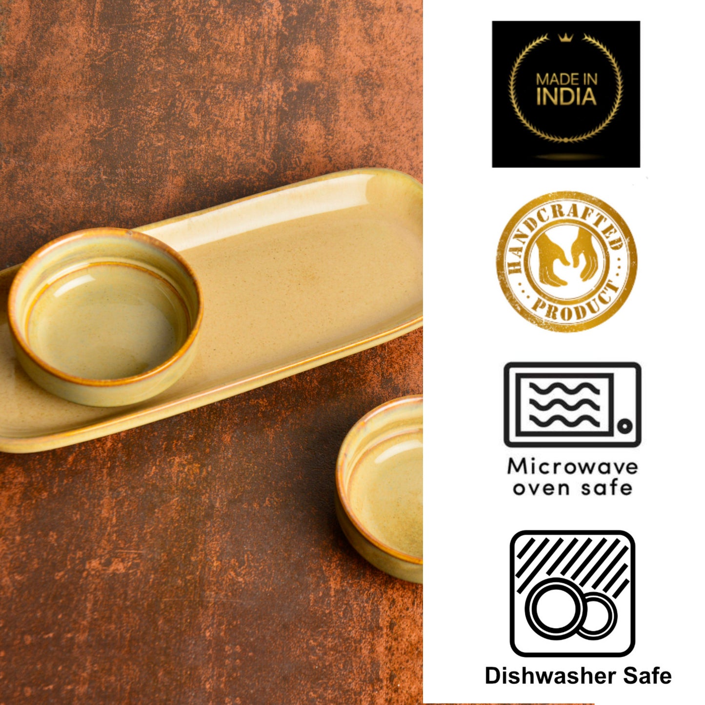 Beautiful Reflective Glaze Ceramic Dip Bowls Set with Tray (Set of 2, Beige) - View 6