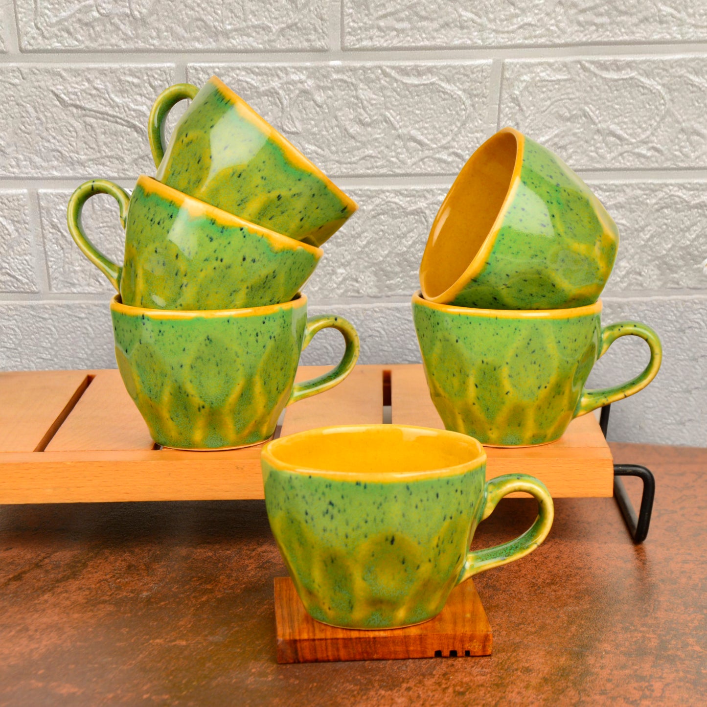 Hand Crafted Ceramic Coffee Mugs (200 ml, Set of 6, Green and Yellow)
