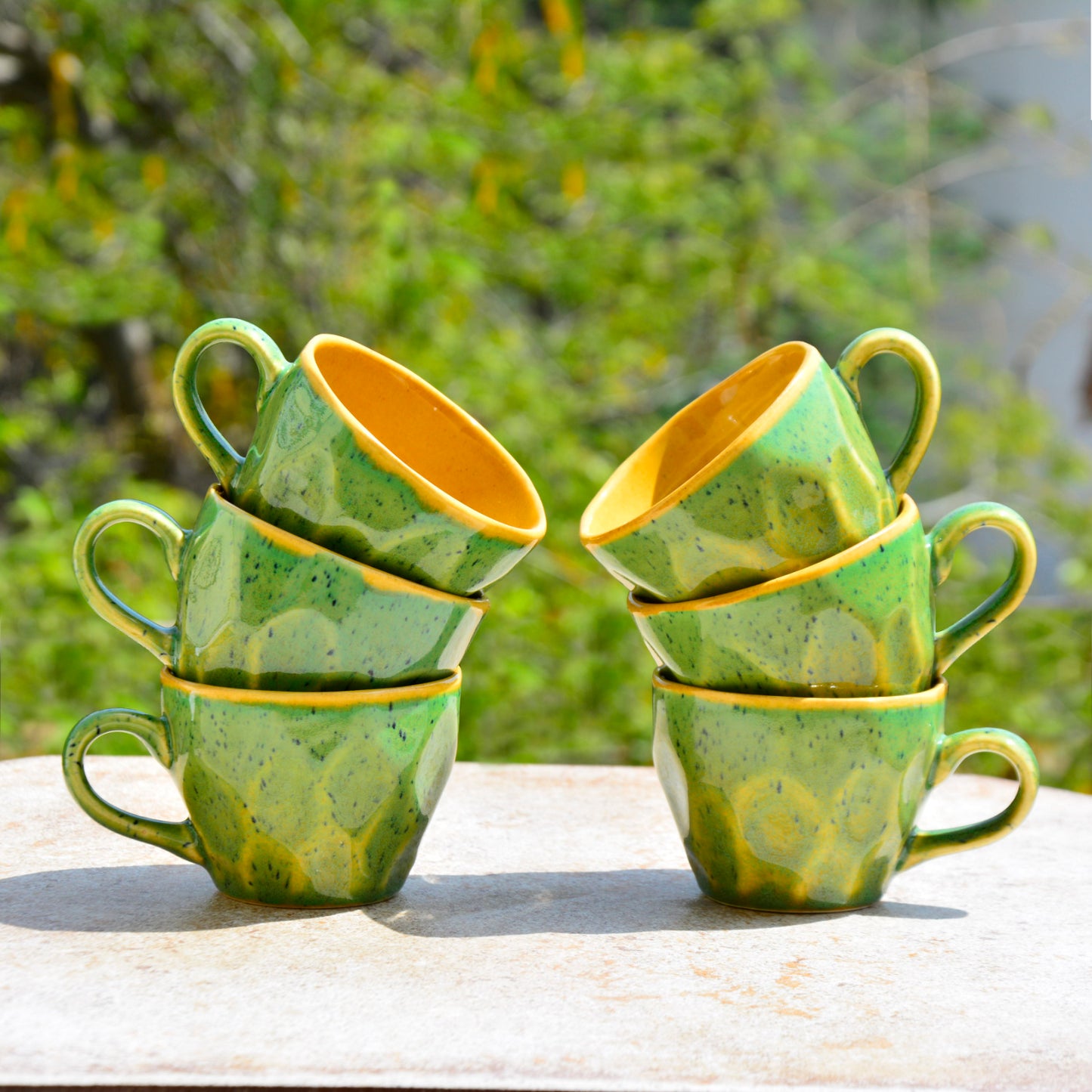 Hand Crafted Ceramic Coffee Mugs (200 ml, Set of 6, Green and Yellow) - View 3