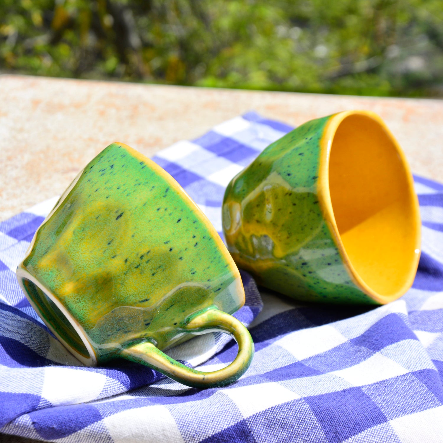 Hand Crafted Ceramic Coffee Mugs (200 ml, Set of 6, Green and Yellow) - View 4