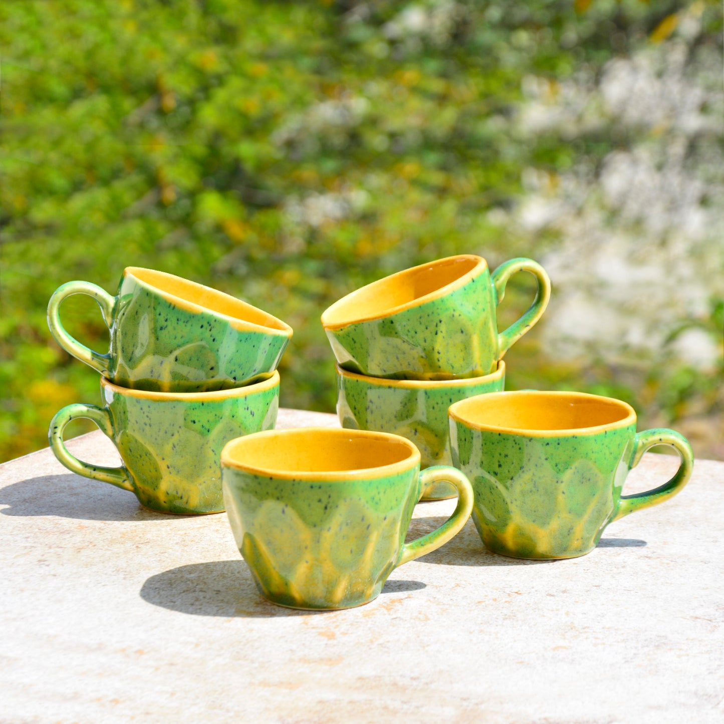 Hand Crafted Ceramic Coffee Mugs (200 ml, Set of 6, Green and Yellow) - View 5