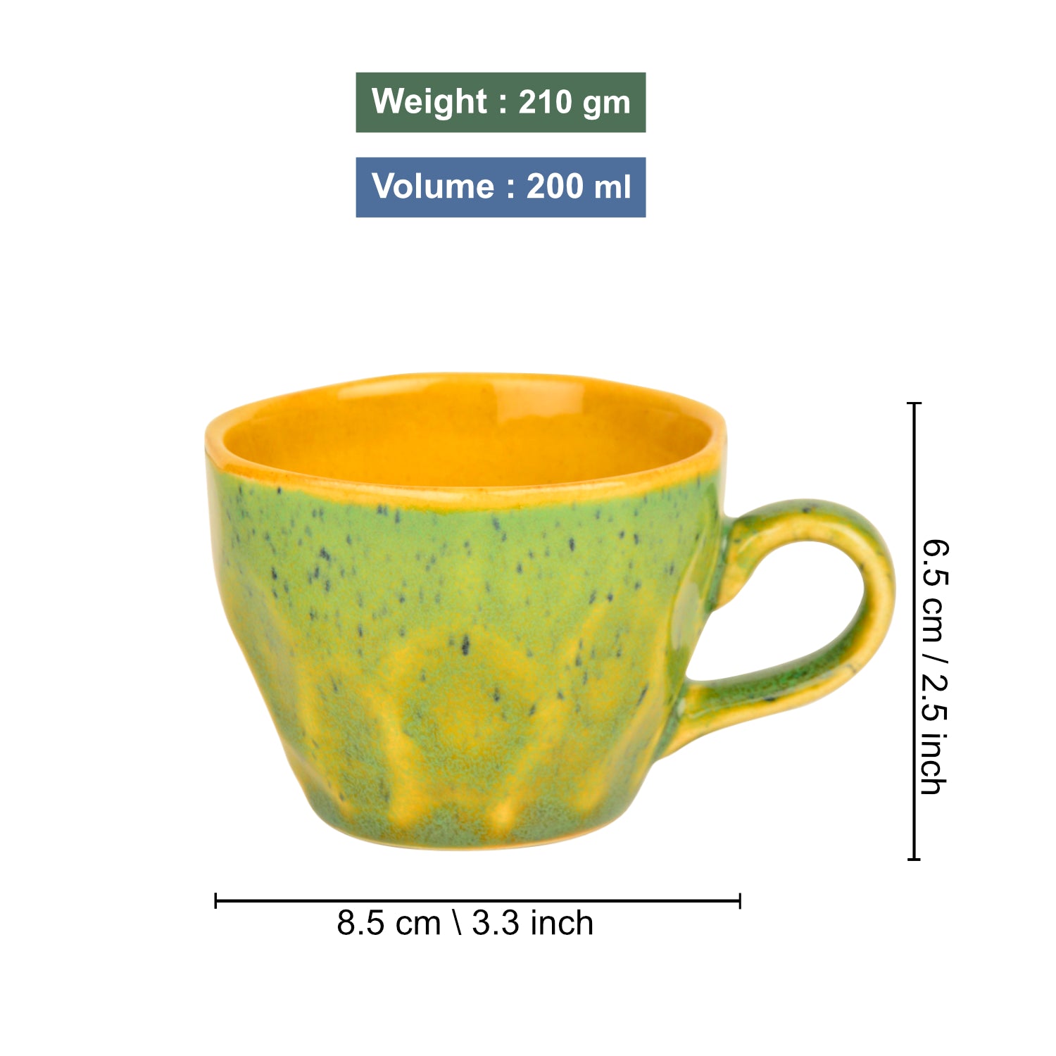 Hand Crafted Ceramic Coffee Mugs (200 ml, Set of 6, Green and Yellow) - View 2