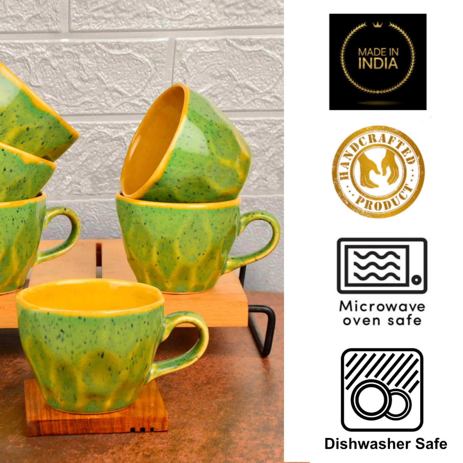 Hand Crafted Ceramic Coffee Mugs (200 ml, Set of 6, Green and Yellow) - View 6