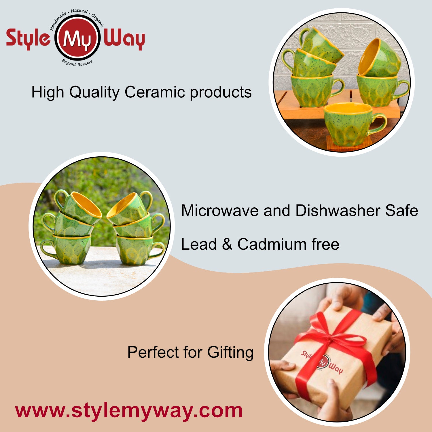 Hand Crafted Ceramic Coffee Mugs (200 ml, Set of 6, Green and Yellow) - View 7