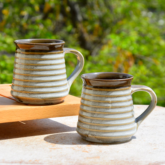 Hand Glazed Ceramic Large Milk Mugs (300 ml, Set of 2, Brown and Off White)