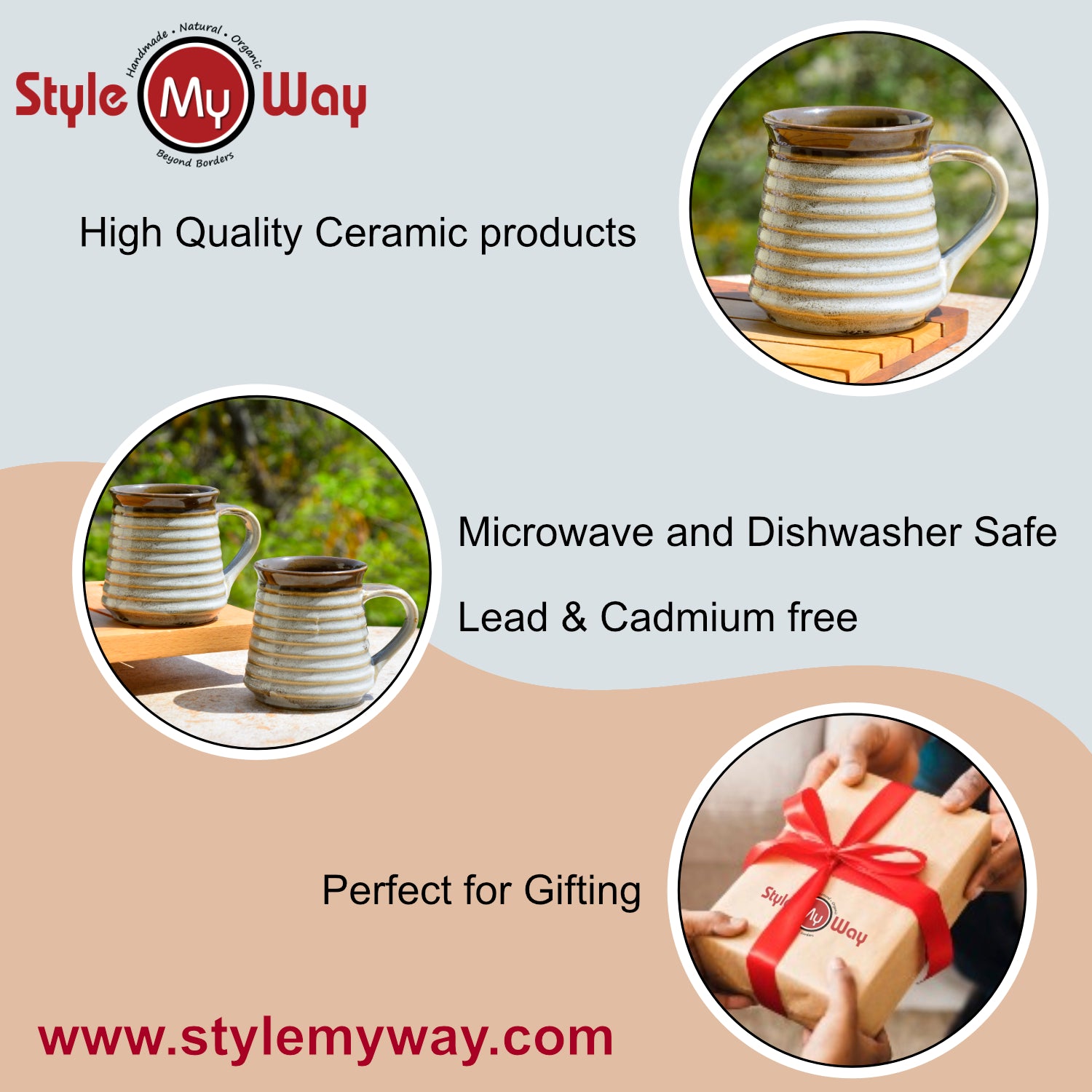 Hand Glazed Ceramic Large Milk Mugs (300 ml, Set of 2, Brown and Off White) - View 6