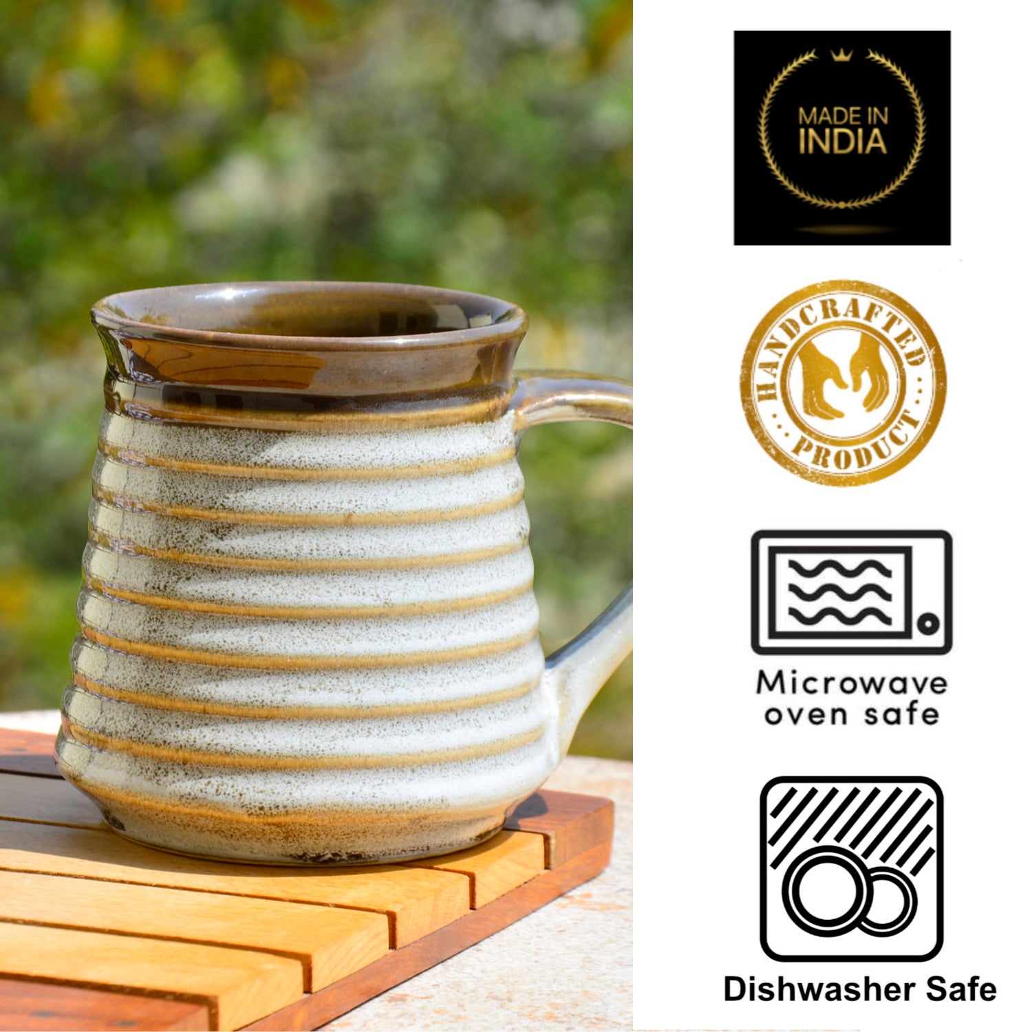 Hand Glazed Ceramic Large Milk Mugs (300 ml, Set of 2, Brown and Off White) - View 7