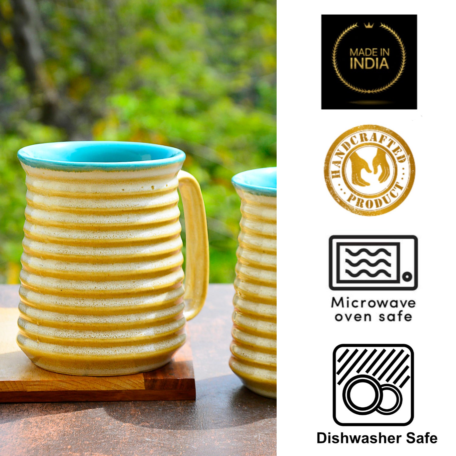 Premium Ceramic Jumbo Beer Mugs (650 ml each, Set of 2, Beige and Sky Blue) - View 4