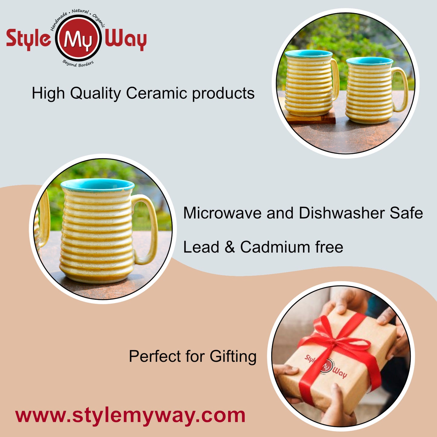 Premium Ceramic Jumbo Beer Mugs (650 ml each, Set of 2, Beige and Sky Blue) - View 5