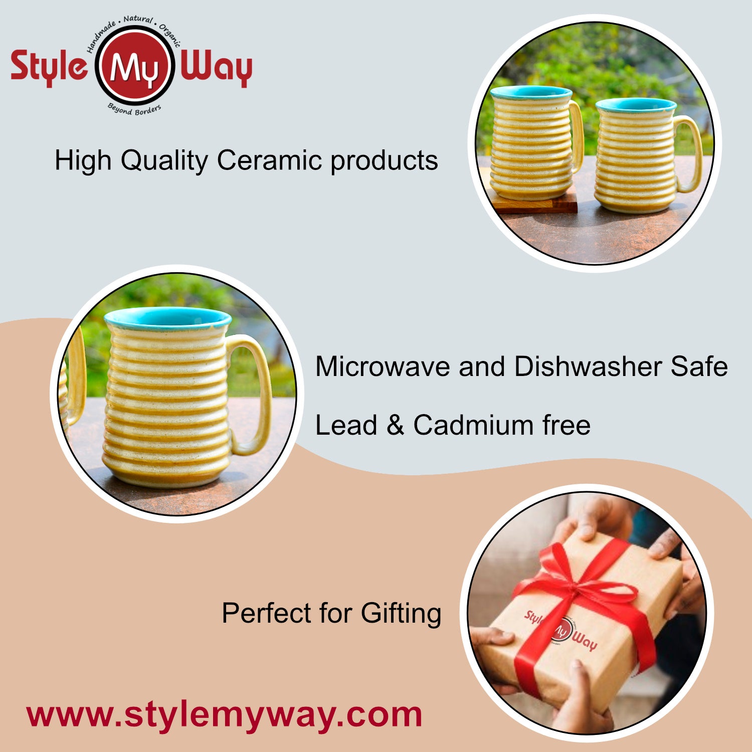 Premium Ceramic Jumbo Beer Mugs (650 ml each, Set of 2, Beige and Sky Blue) - View 5